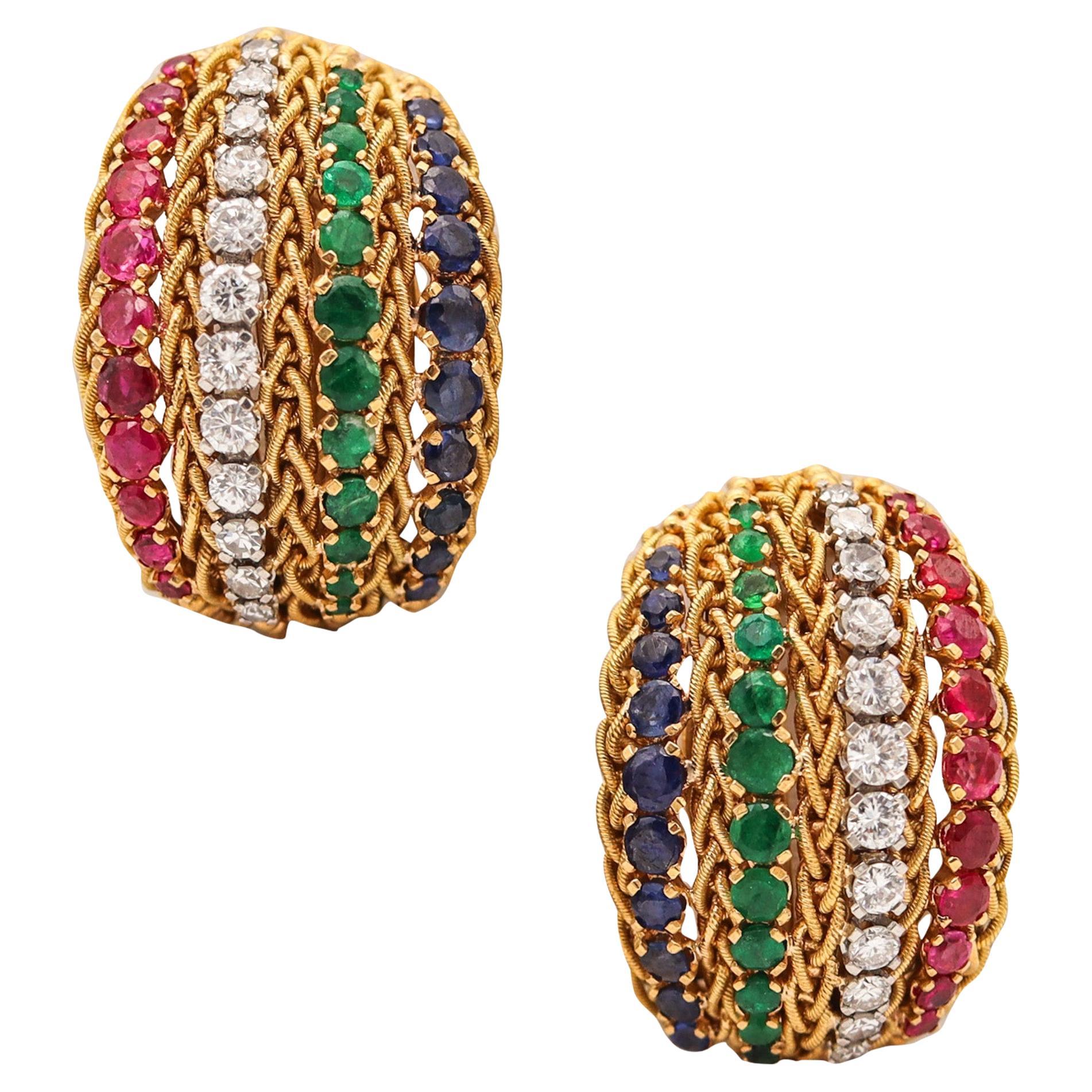 ITALIAN 1960 Clips On Earrings In 18Kt Gold With 5.86 Ctw Diamonds And Gemstones