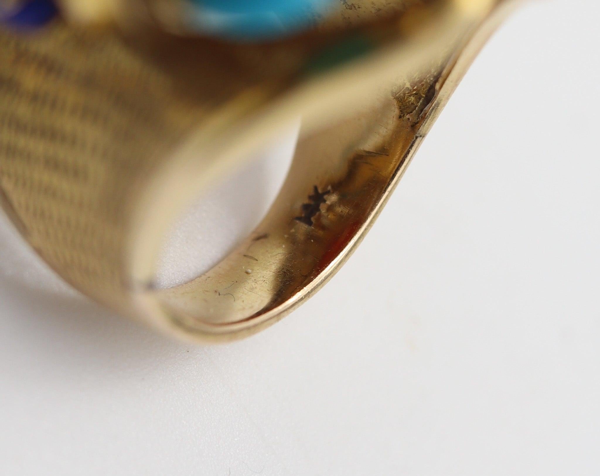 Donna ITALIANO 1960 Anello Cocktail a Grappolo in 14Kt con Corallo Lapis Turchese e Diamanti in vendita