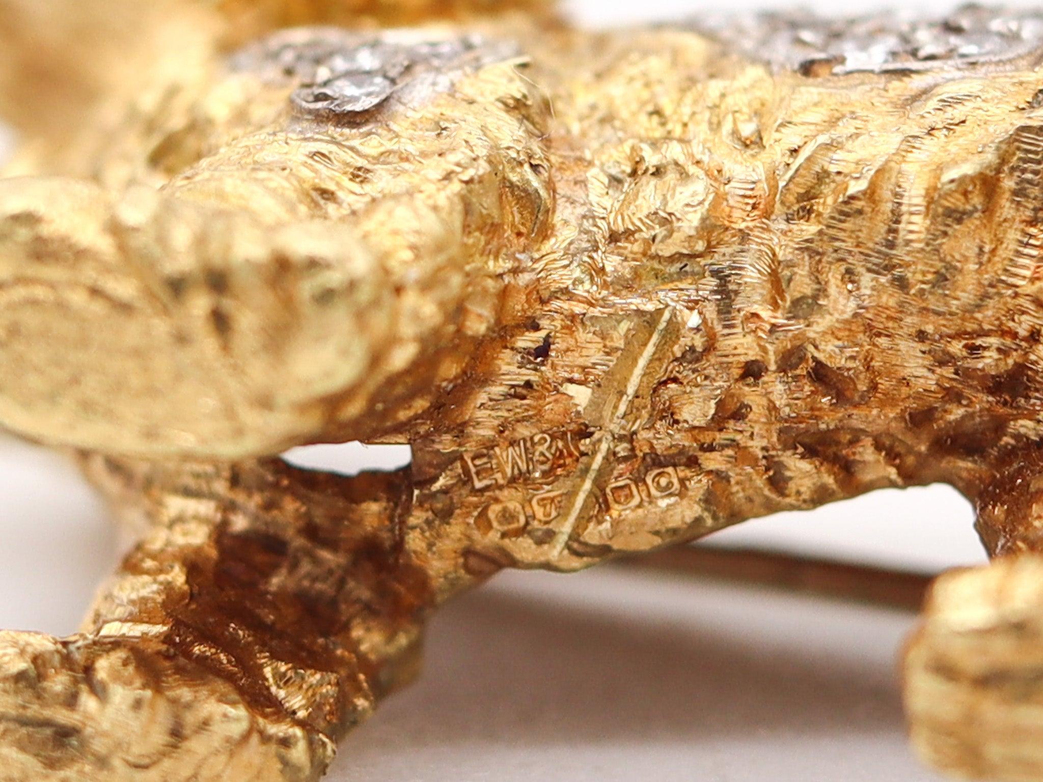 Brilliant Cut ITALIAN 1960 Dog Brooch In Solid  18Kt Yellow Gold With Diamonds And Rubies For Sale