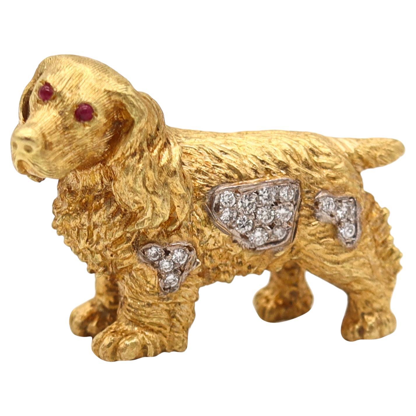 ITALIAN 1960 Dog Brooch In Solid  18Kt Yellow Gold With Diamonds And Rubies