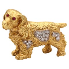 ITALIAN 1960 Dog Brooch In Solid  18Kt Yellow Gold With Diamonds And Rubies