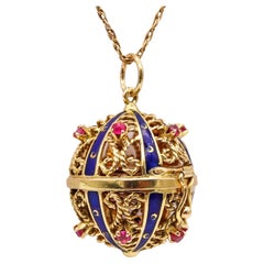Vintage Italian 1960 Enameled Round Box Pendant With Picture Frames 18Kt Gold And Rubies