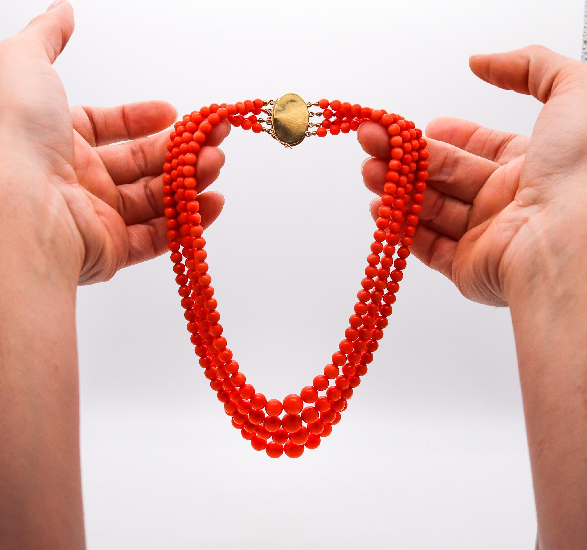 Four strands graduated Coral necklace.

Gorgeous colorful necklace created in the coastal city of Napoles Italy back in the 1960. This fabulous necklace is mount in a 18 karats yellow gold settings with graduated carved beads of natural Neapolitan