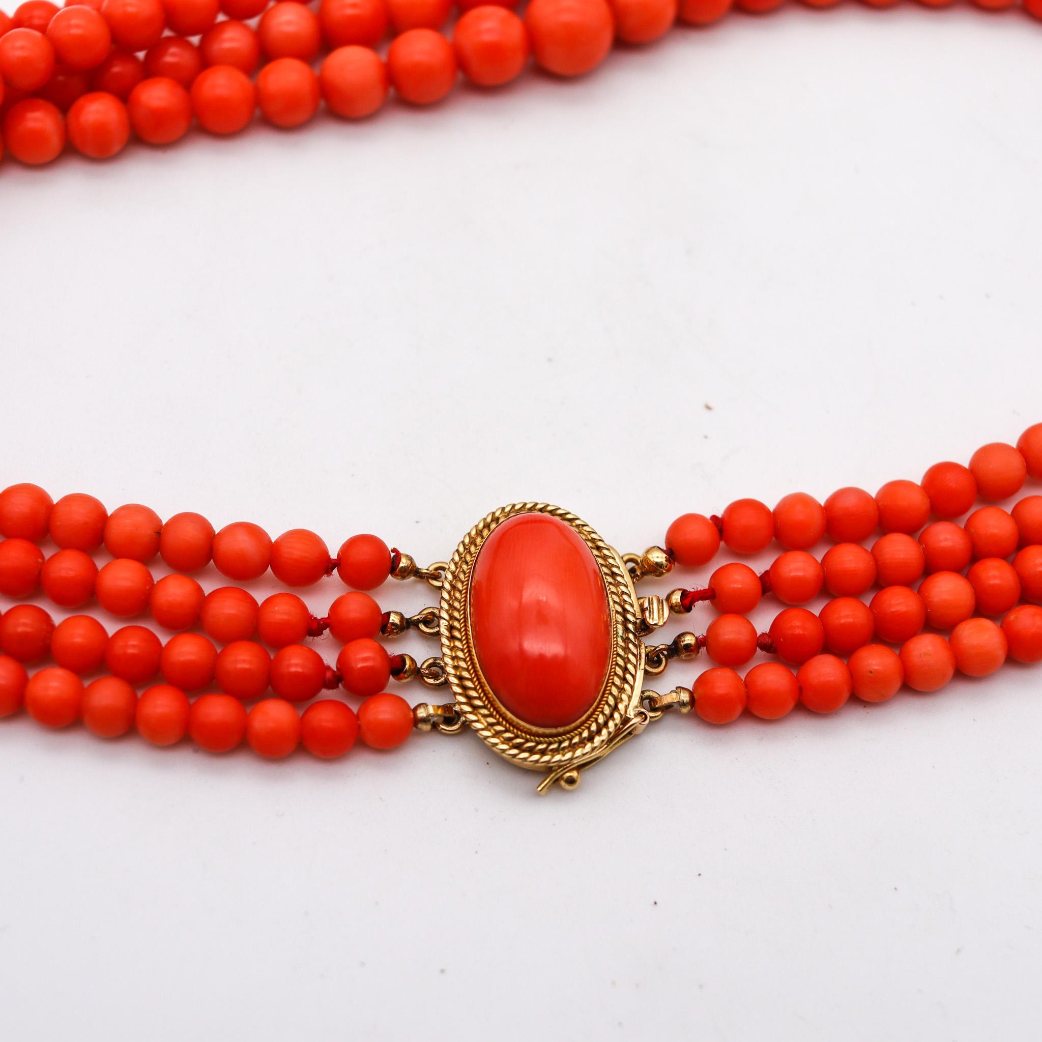 Modernist Italian 1960 Four Strands Graduated Coral Necklace Mount in 18kt Yellow Gold