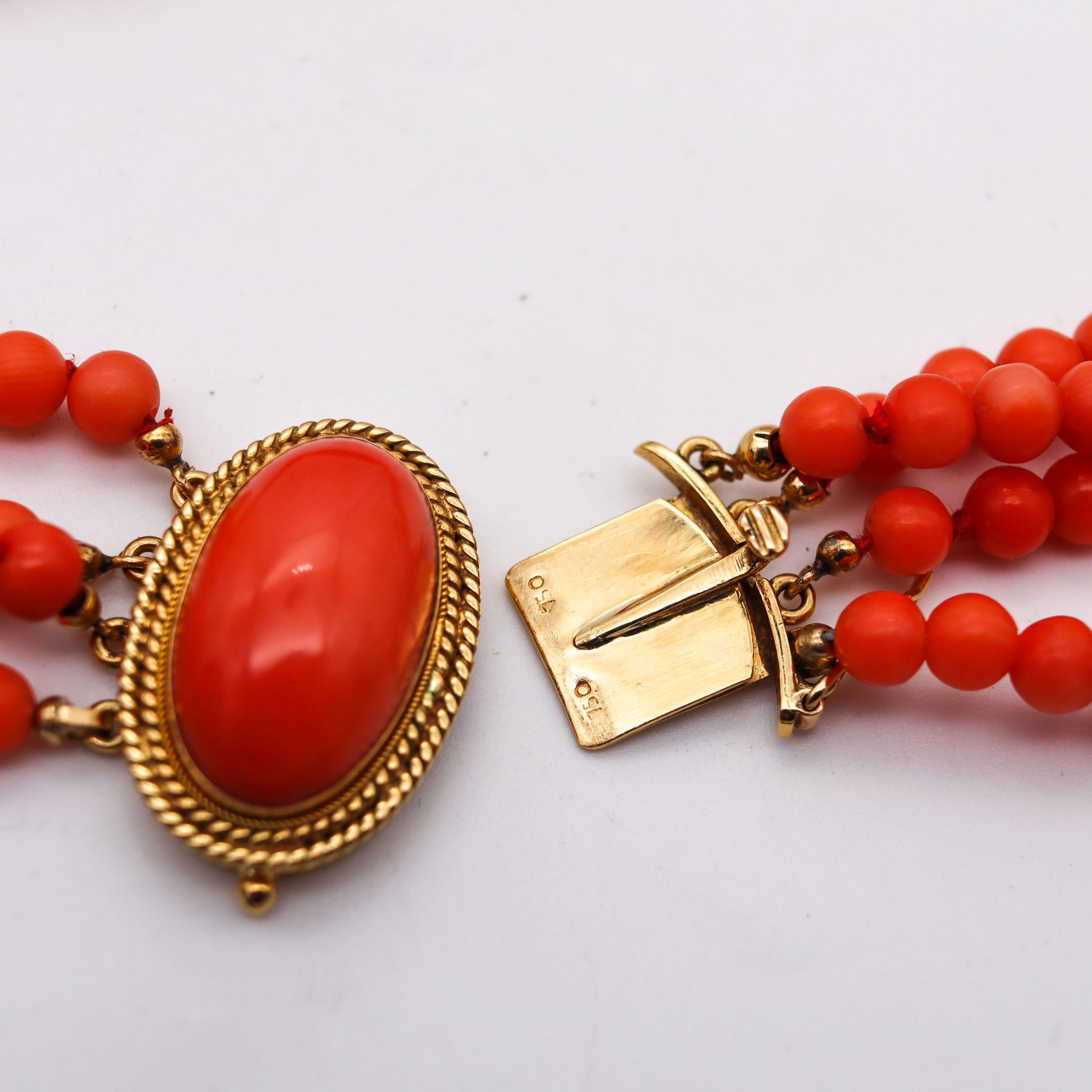 Cabochon Italian 1960 Four Strands Graduated Coral Necklace Mount in 18kt Yellow Gold