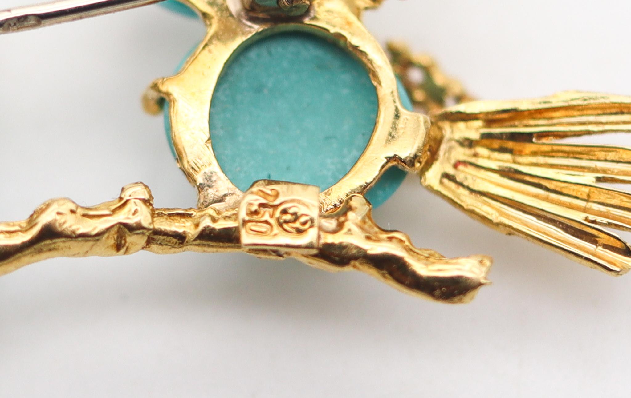 Italian 1960 Love Birds Brooch In 18Kt Yellow Gold With Turquoises And Rubies In Excellent Condition In Miami, FL