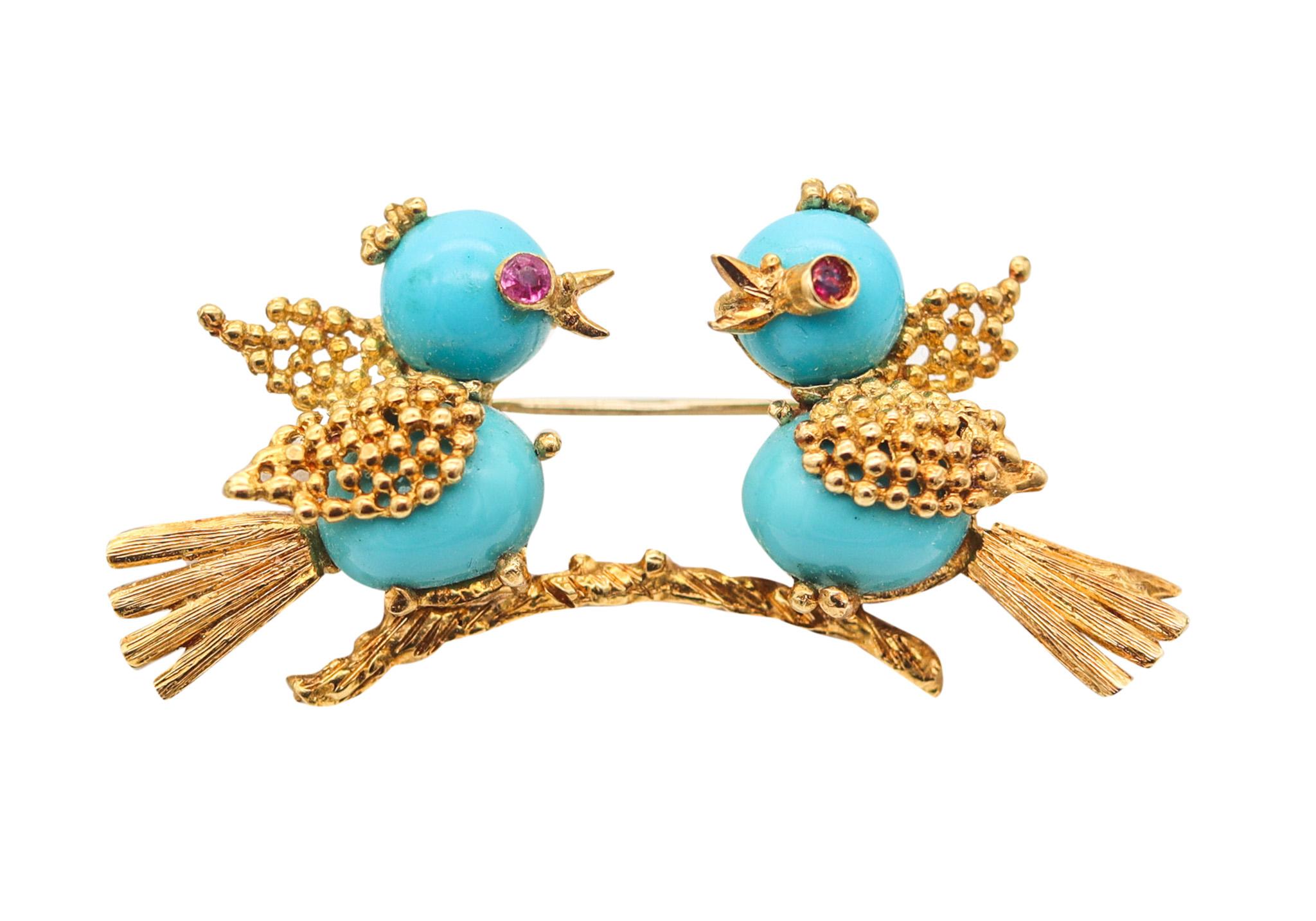 Italian 1960 Love Birds Brooch In 18Kt Yellow Gold With Turquoises And Rubies