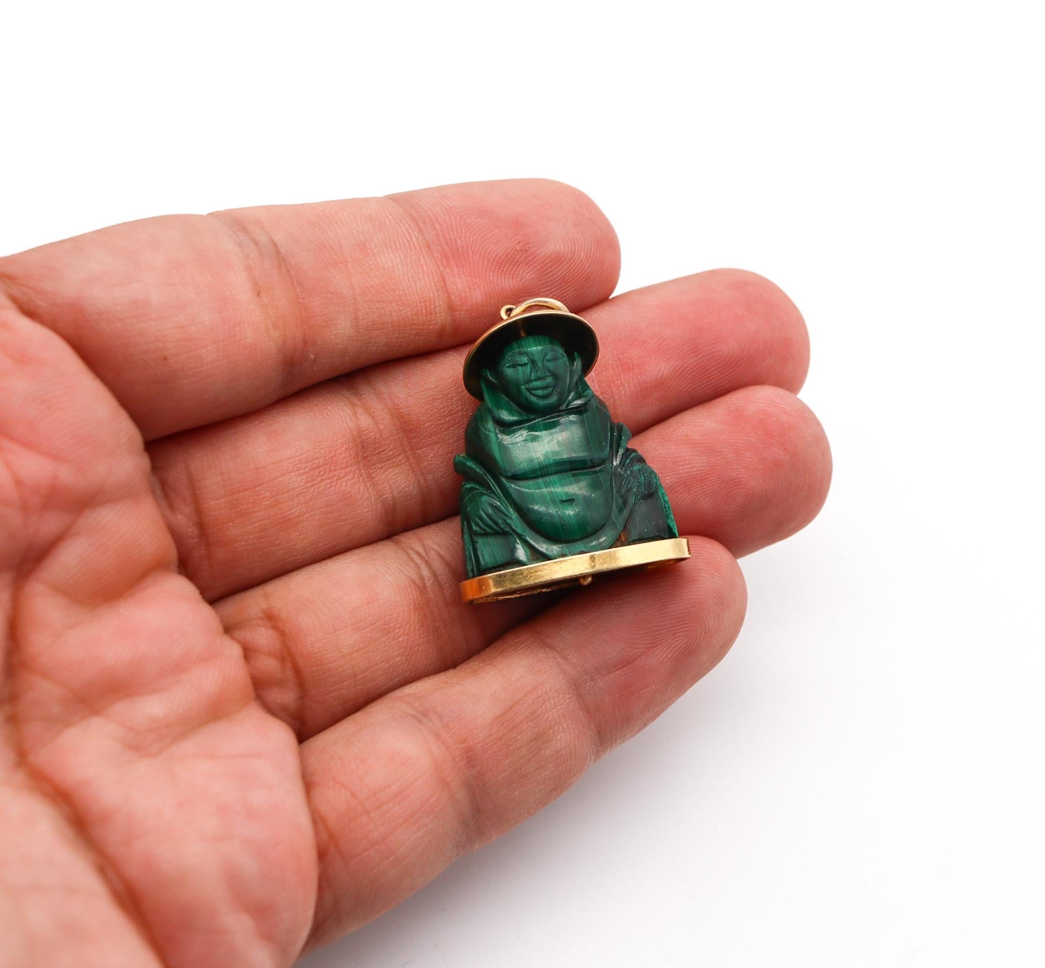 Retro Italian 1960 Mid Century Carved Buddha Pendant With Malachite Mount In 18Kt Gold For Sale