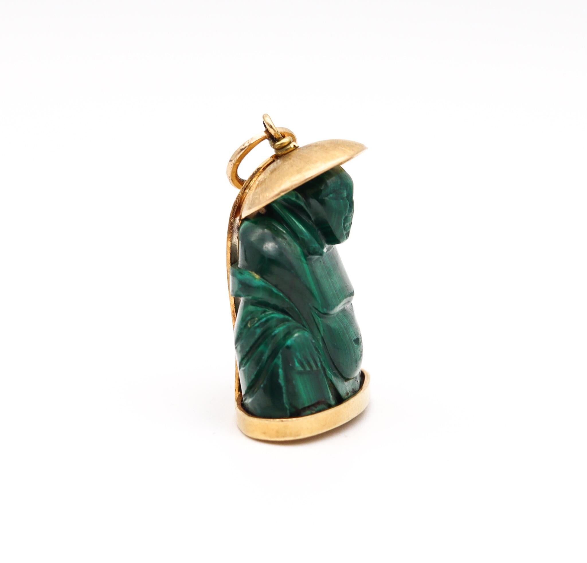 Mixed Cut Italian 1960 Mid Century Carved Buddha Pendant With Malachite Mount In 18Kt Gold For Sale