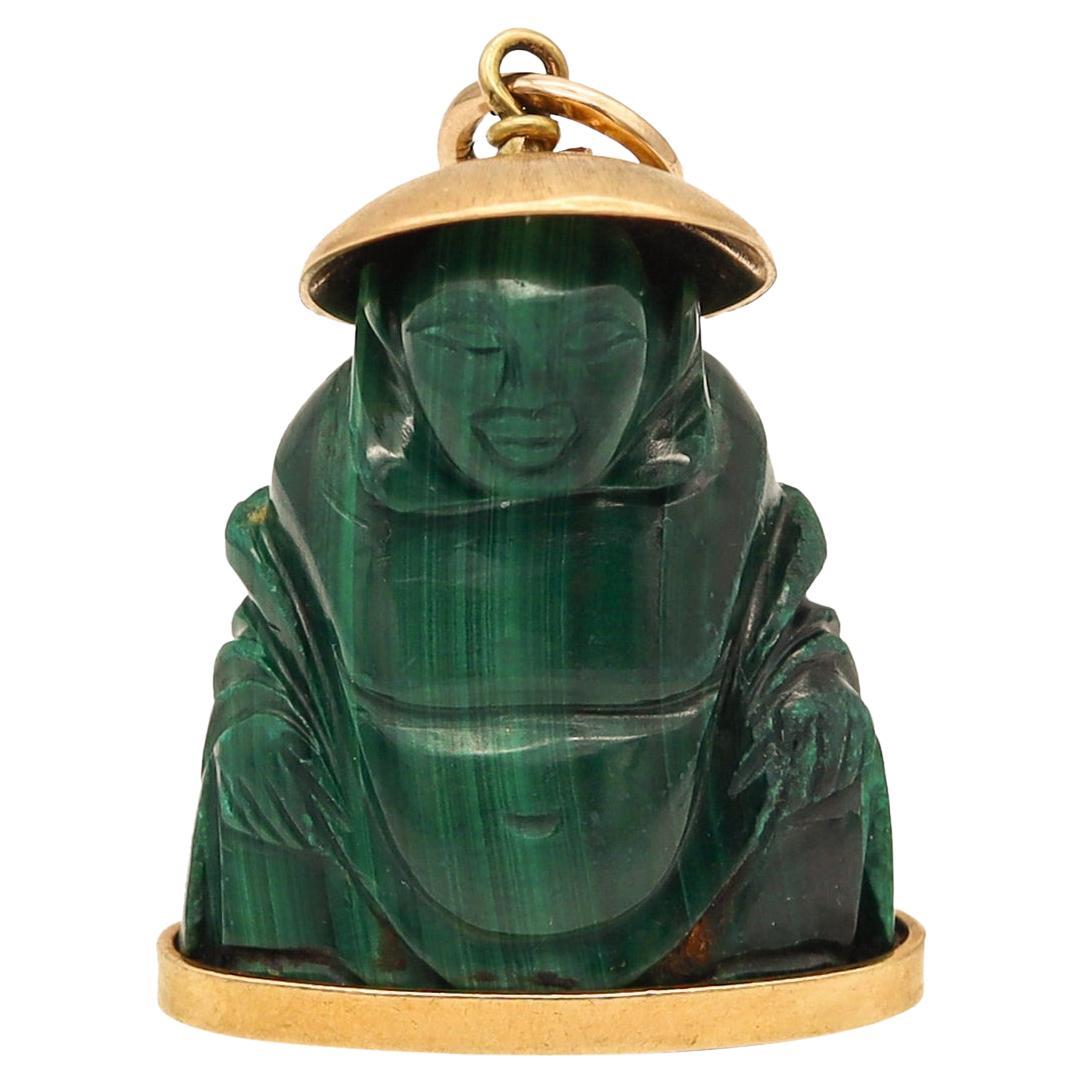 Italian 1960 Mid Century Carved Buddha Pendant With Malachite Mount In 18Kt Gold