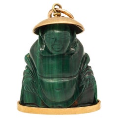 Vintage Italian 1960 Mid Century Carved Buddha Pendant With Malachite Mount In 18Kt Gold