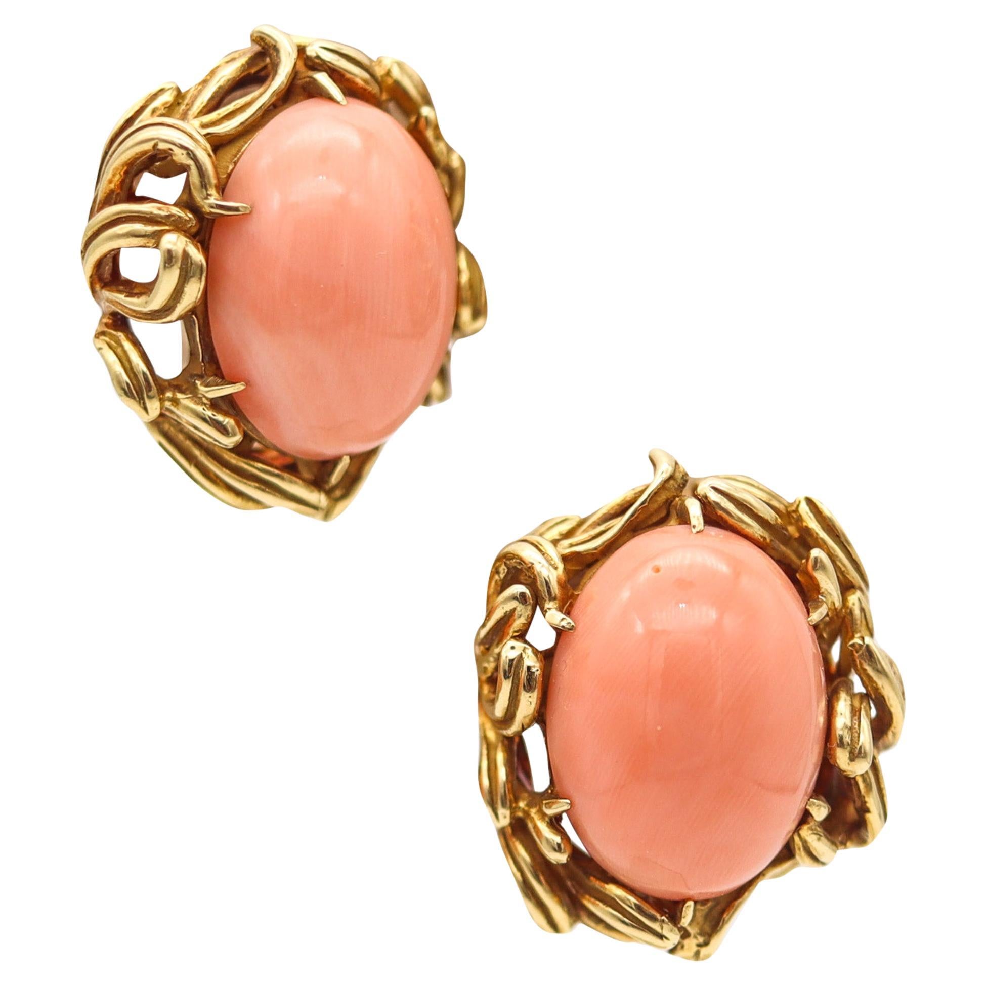 Italian 1960 Mid Century Clips Earrings In 18Kt Yellow Gold With Salmon Coral For Sale