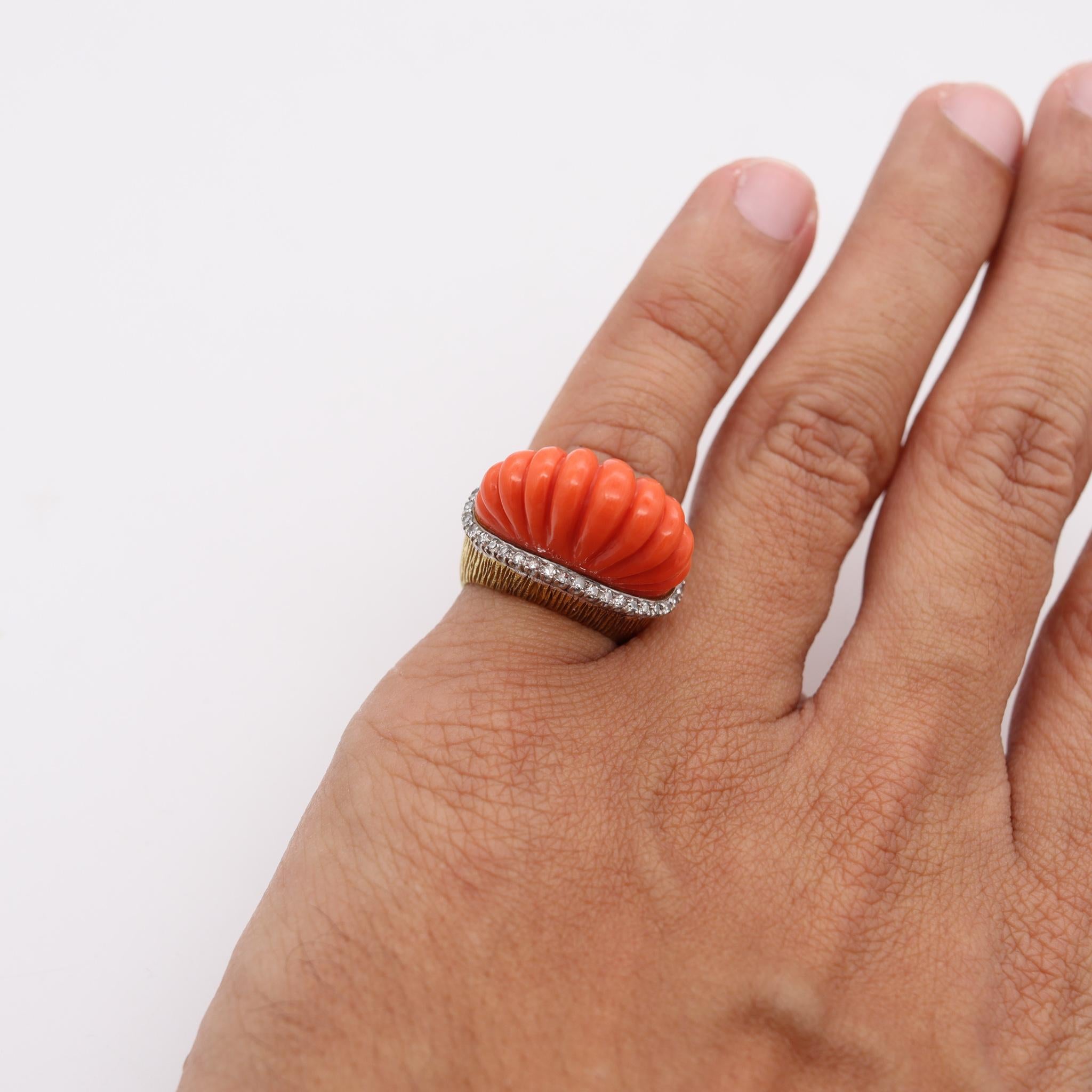 Retro Italian 1960 Mid Century Cocktail Ring 18Kt Gold 23.5 Cts Diamonds and Coral
