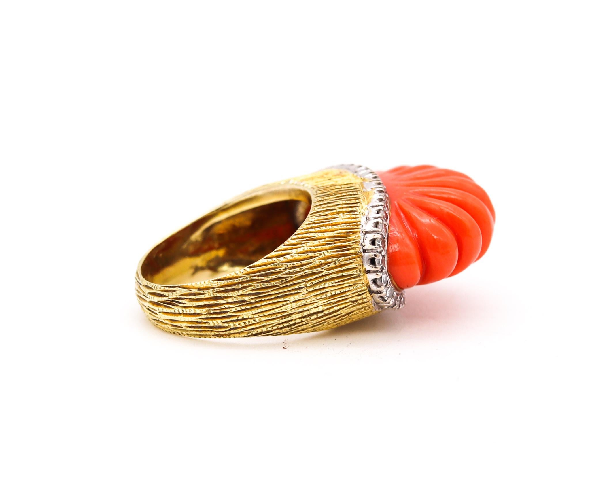 Women's Italian 1960 Mid Century Cocktail Ring 18Kt Gold 23.5 Cts Diamonds and Coral
