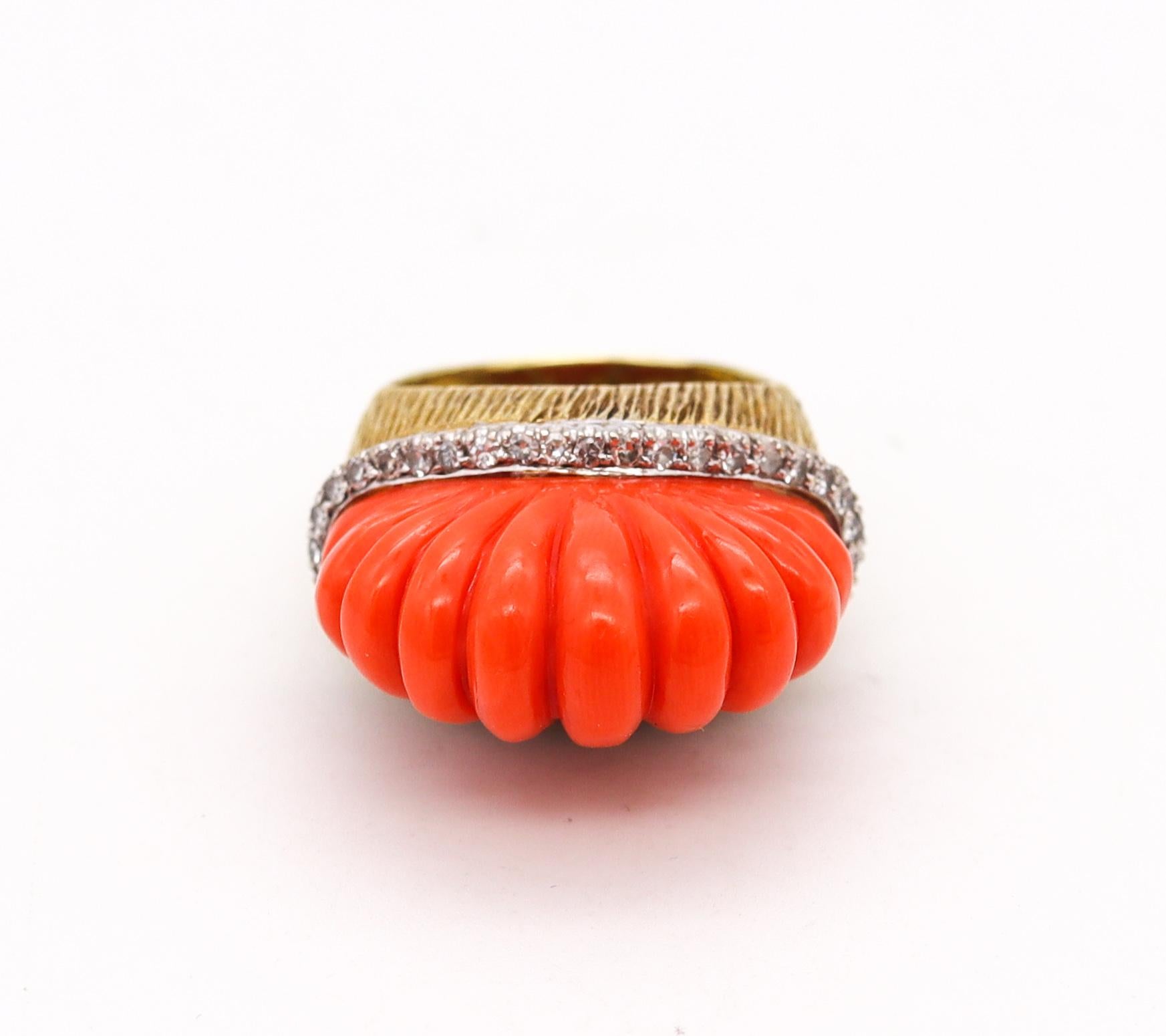 Italian 1960 Mid Century Cocktail Ring 18Kt Gold 23.5 Cts Diamonds and Coral 2