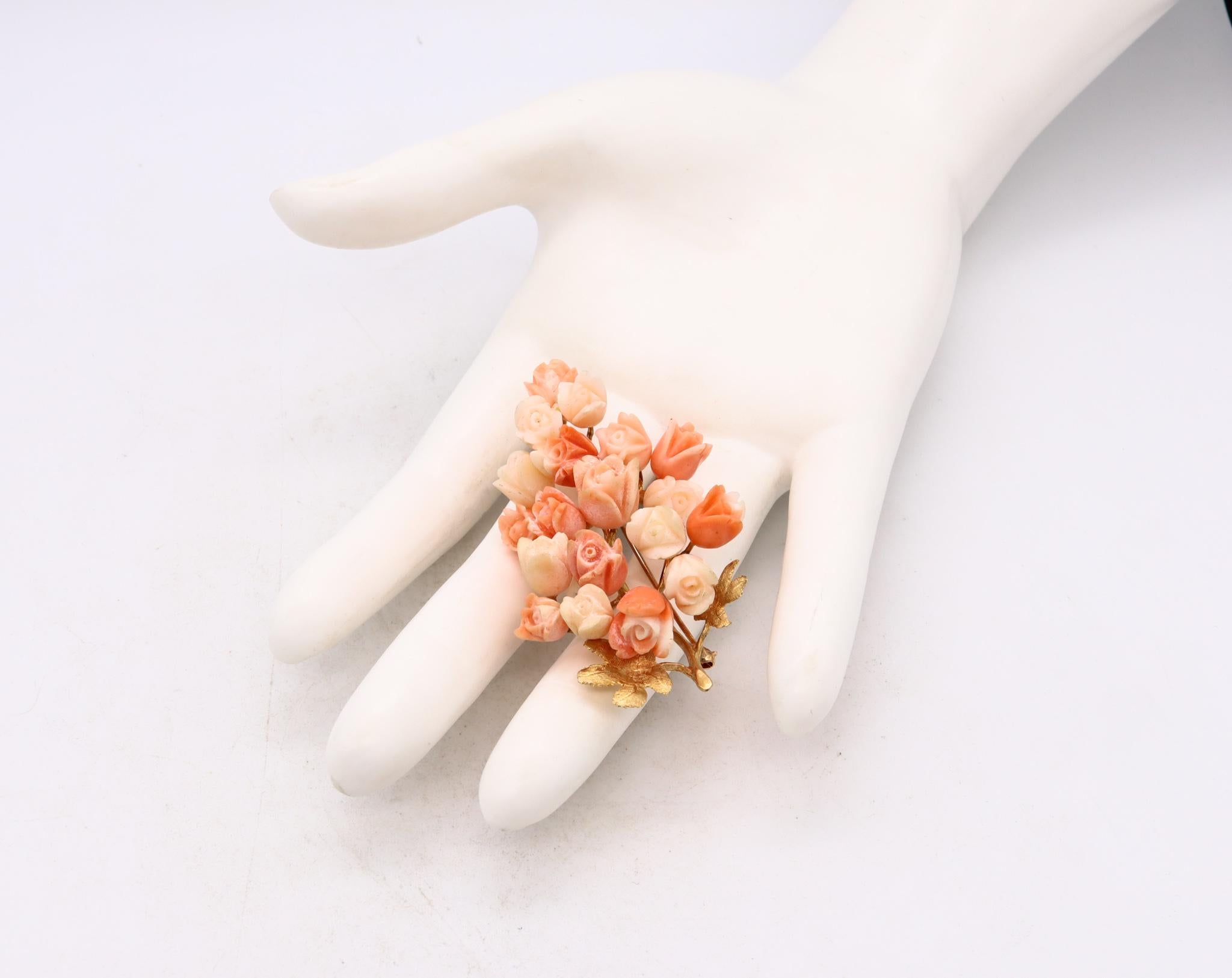 Mixed Cut Italian 1960 Mid Century Flowers Bouquet Brooch in 14Kt Yellow Gold with Coral For Sale