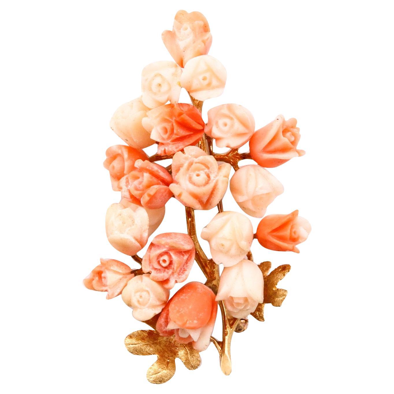 Italian 1960 Mid Century Flowers Bouquet Brooch in 14Kt Yellow Gold with Coral For Sale