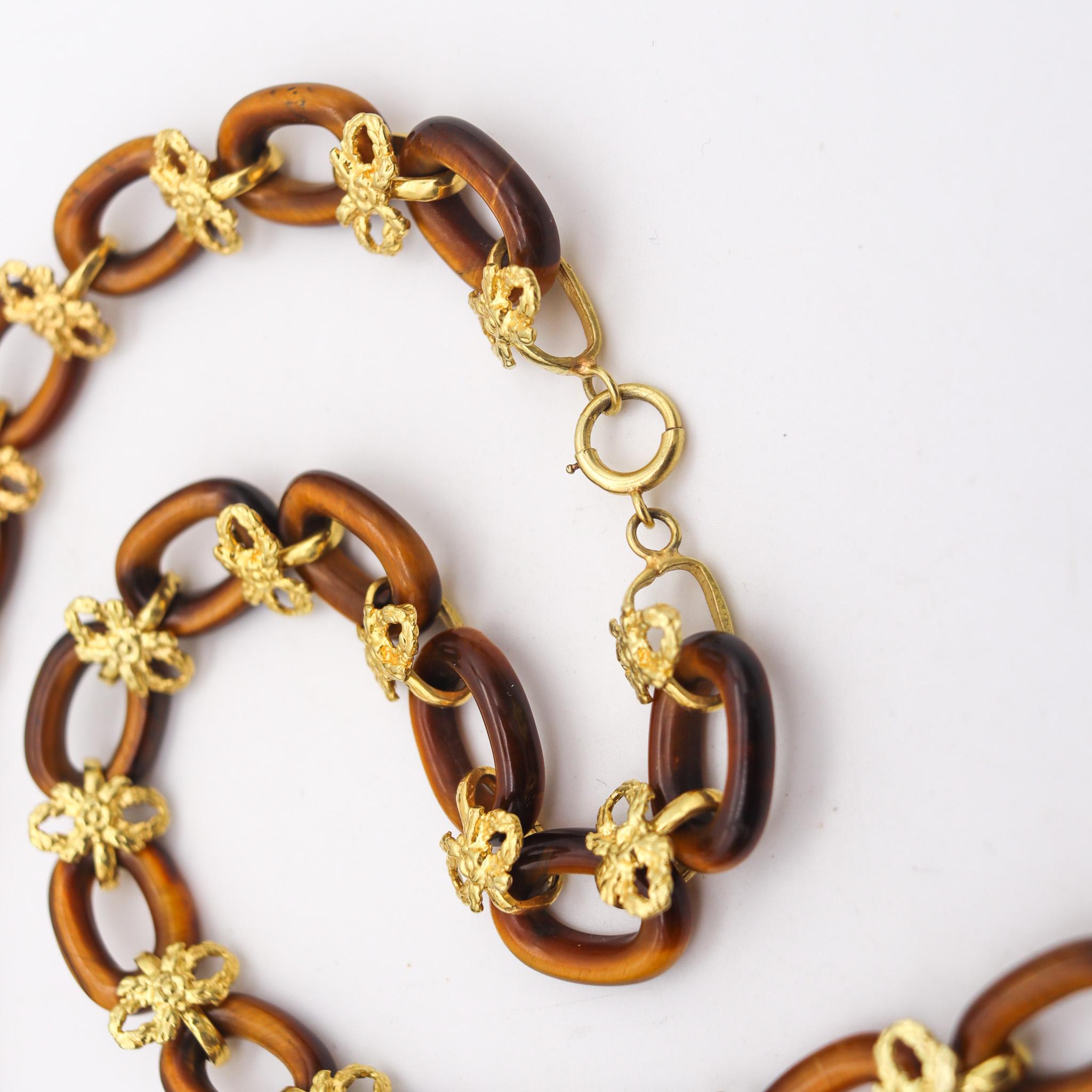 Mixed Cut Italian 1960 Mid Century Long Sautoir Necklace In 14Kt Yellow Gold & Tiger Eye For Sale