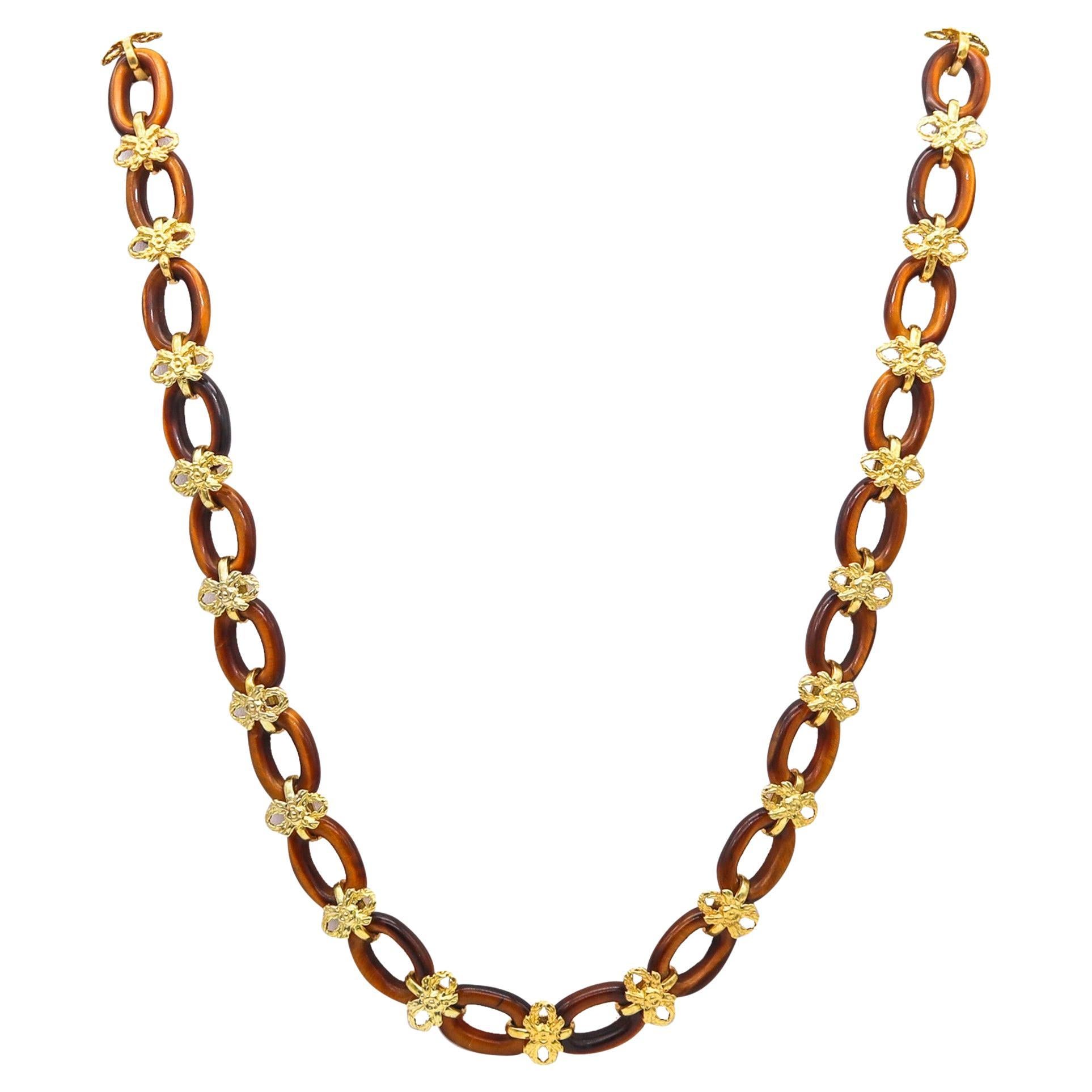 Italian 1960 Mid Century Long Sautoir Necklace In 14Kt Yellow Gold & Tiger Eye For Sale