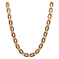 Italian 1960 Mid Century Long Sautoir Necklace In 14Kt Yellow Gold & Tiger Eye