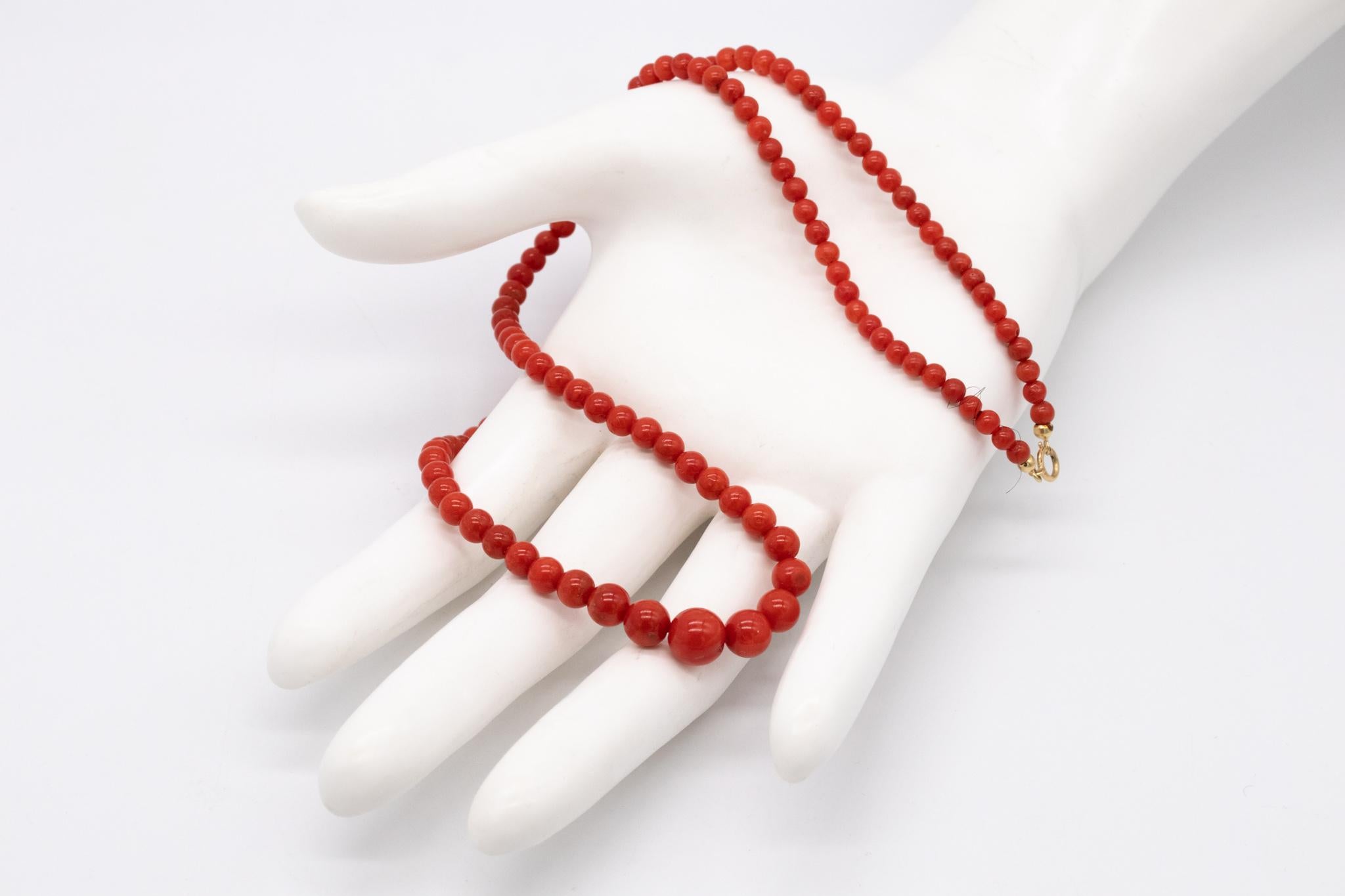 Neoclassical Italian 1960 Mid Century Necklace 18Kt Gold Graduated Red Sardinian Coral Beats