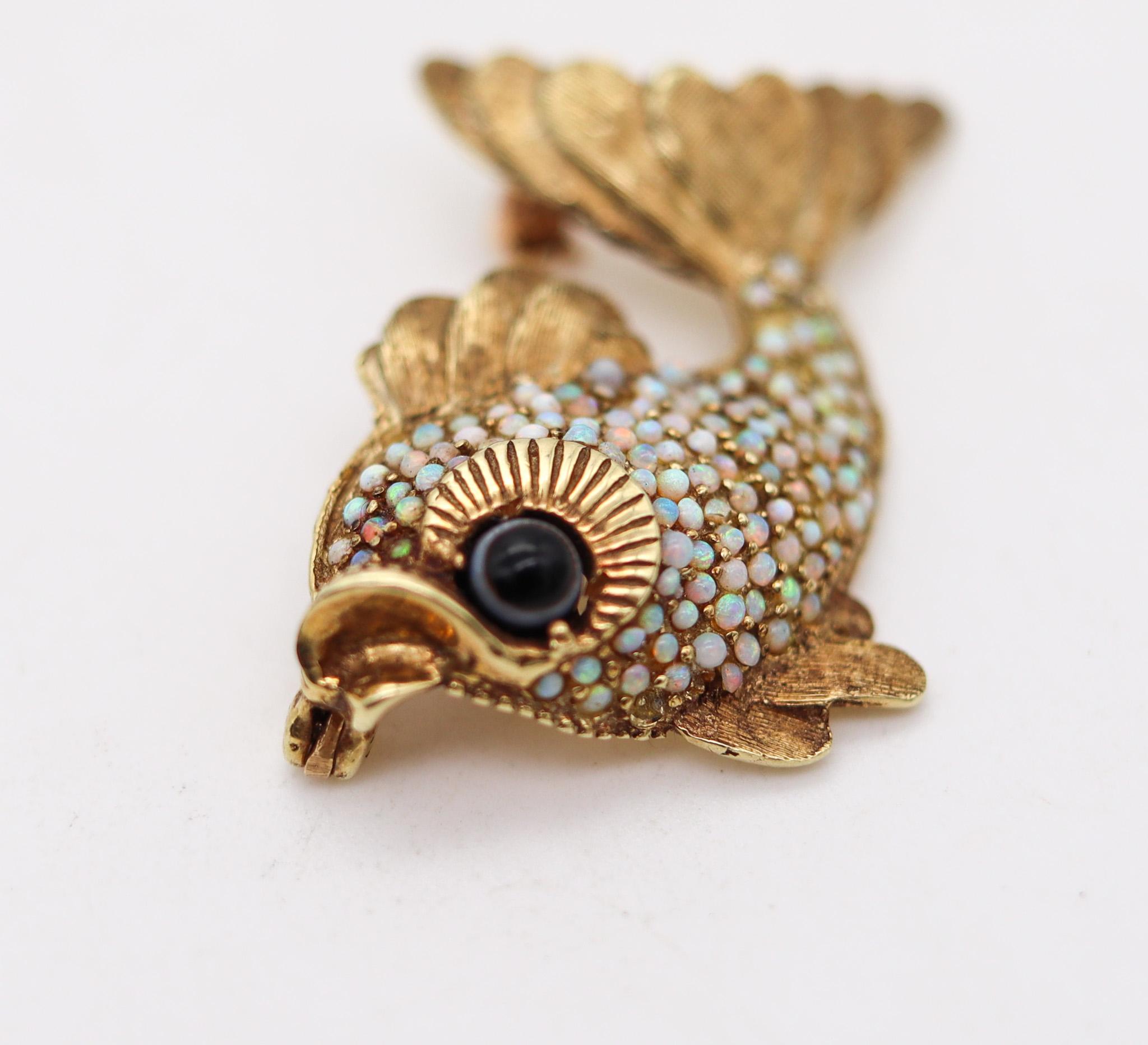Cabochon Italian 1960 Modernist Fish Brooch 18kt Yellow Gold with Australian Black Opals