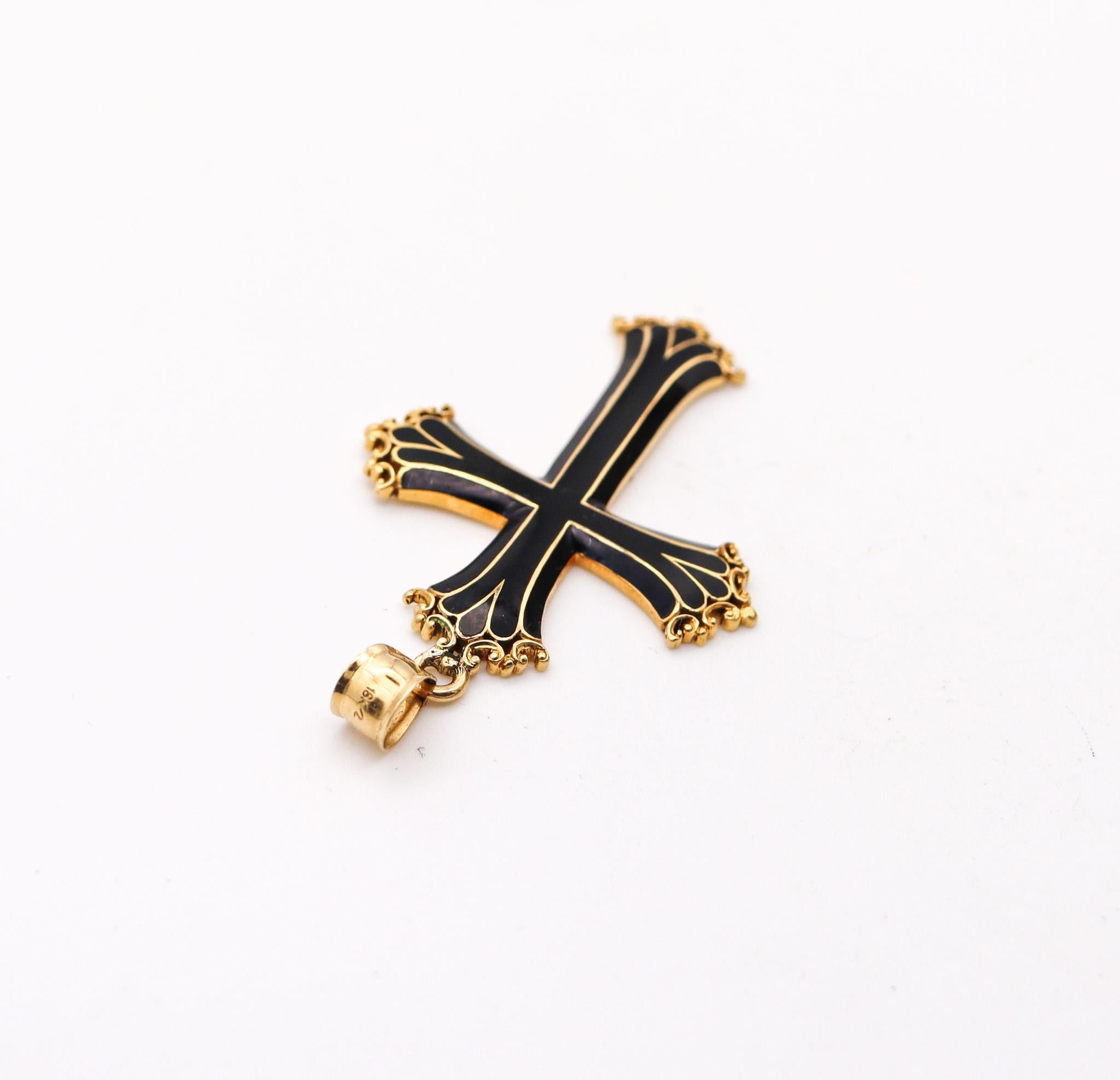 Gothic Revival Italian 1960 Neo Gothic Black Enameled Cross In Solid 18Kt Yellow Gold For Sale