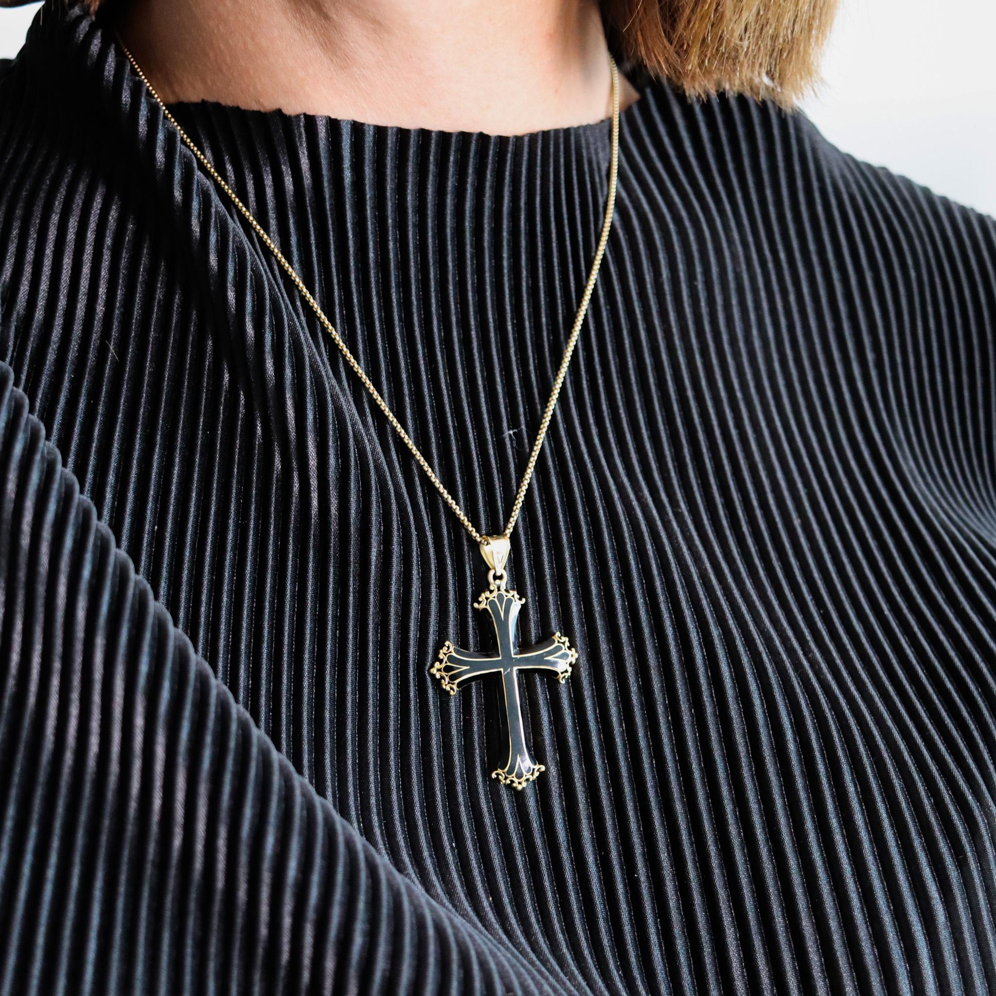 Italian 1960 Neo Gothic Black Enameled Cross In Solid 18Kt Yellow Gold 1