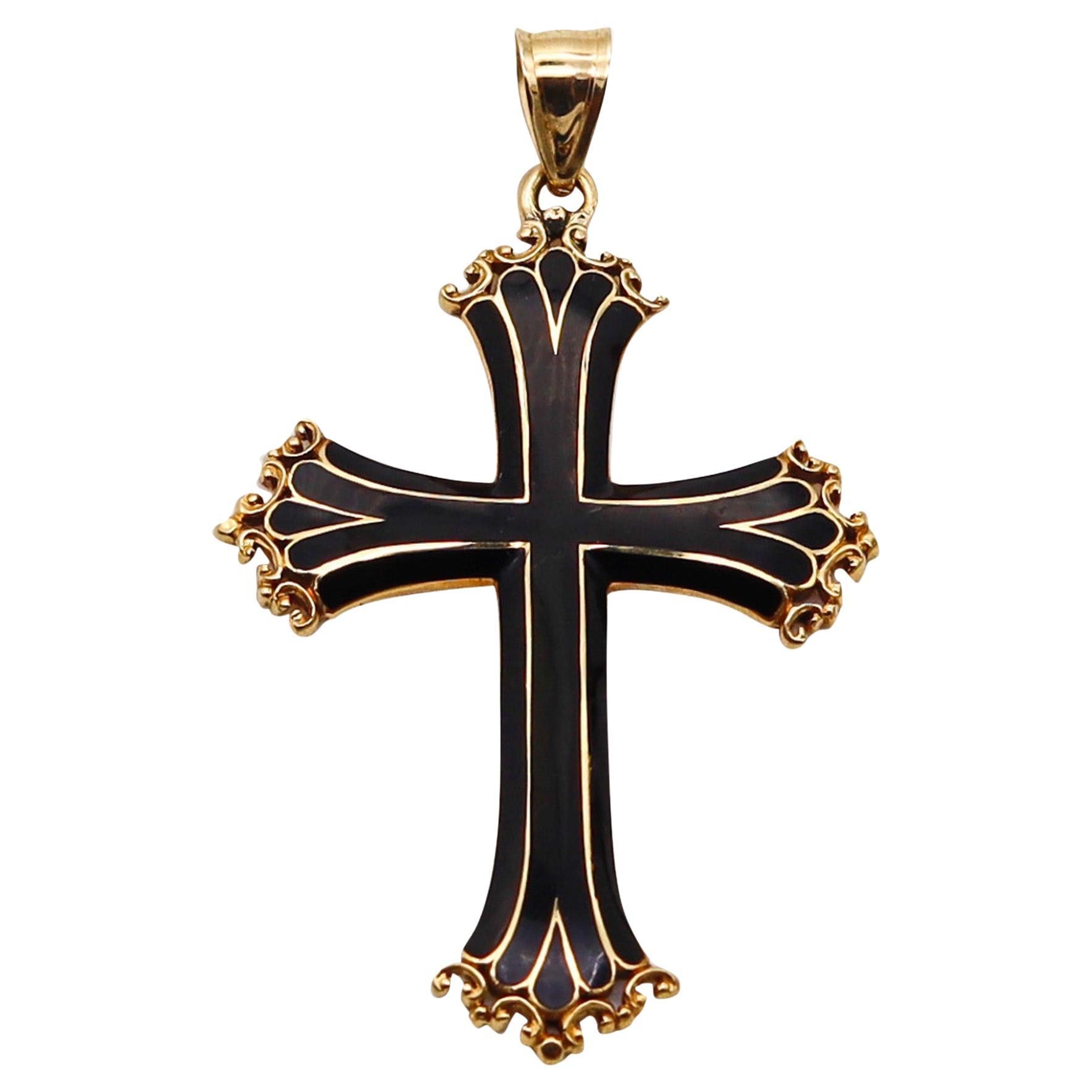 Italian 1960 Neo Gothic Black Enameled Cross In Solid 18Kt Yellow Gold For Sale