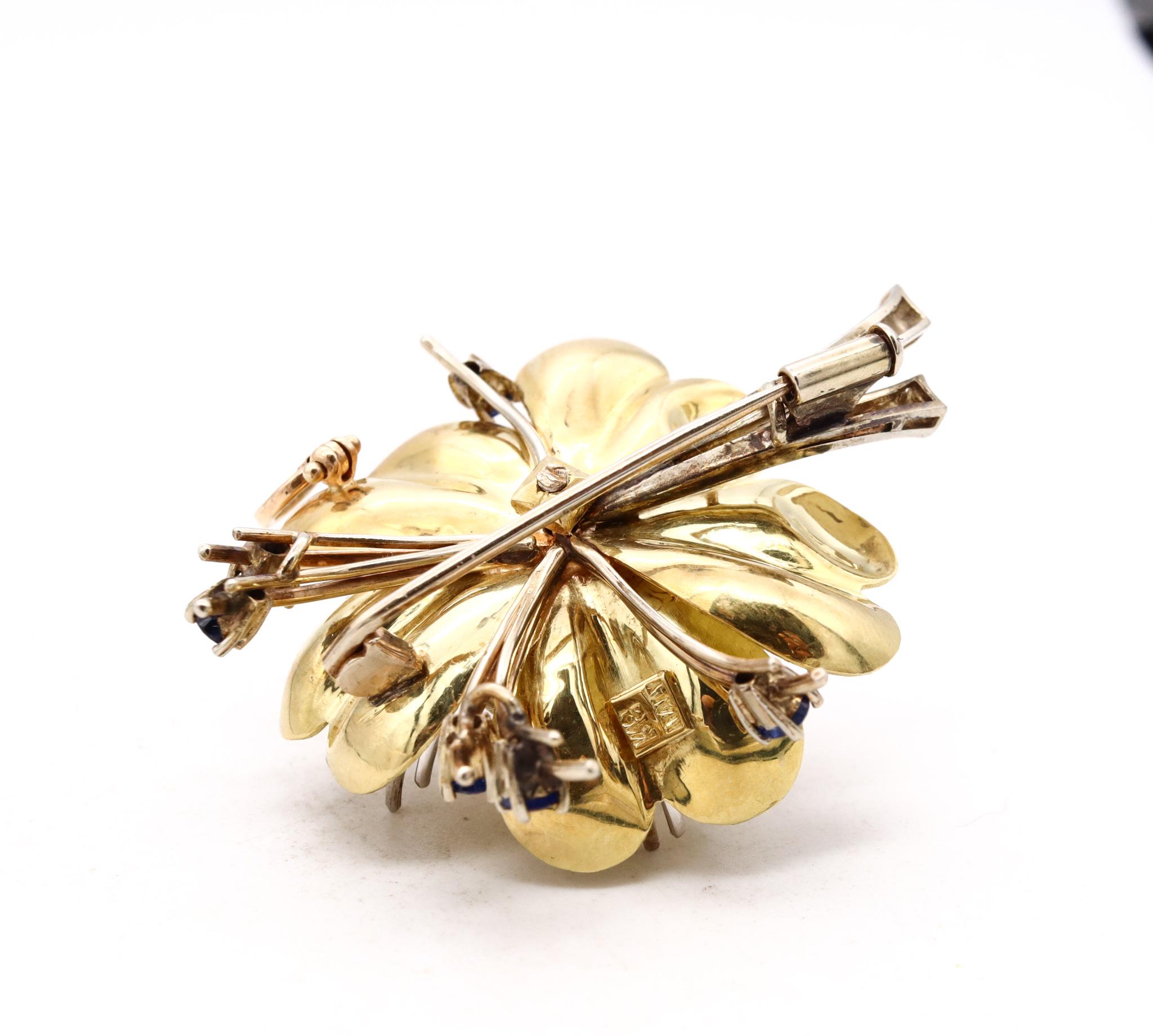 Brilliant Cut Italian 1960 Retro Convertible Pendant in 18kt Gold with Diamonds and Sapphires For Sale