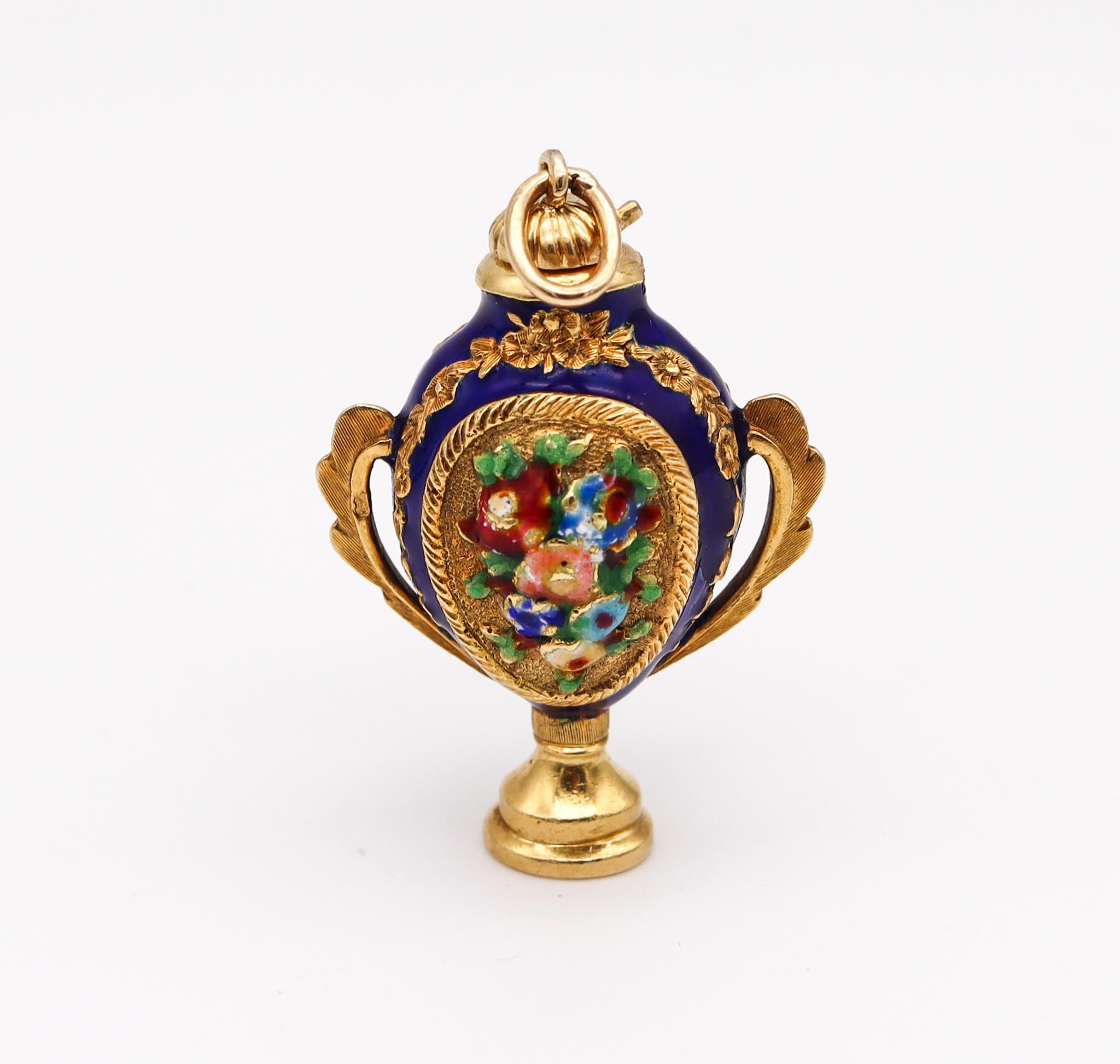 Baroque Revival Italian 1960 Venetian Enameled Pendant Amphora Bottle for Perfume in 18kt Gold For Sale