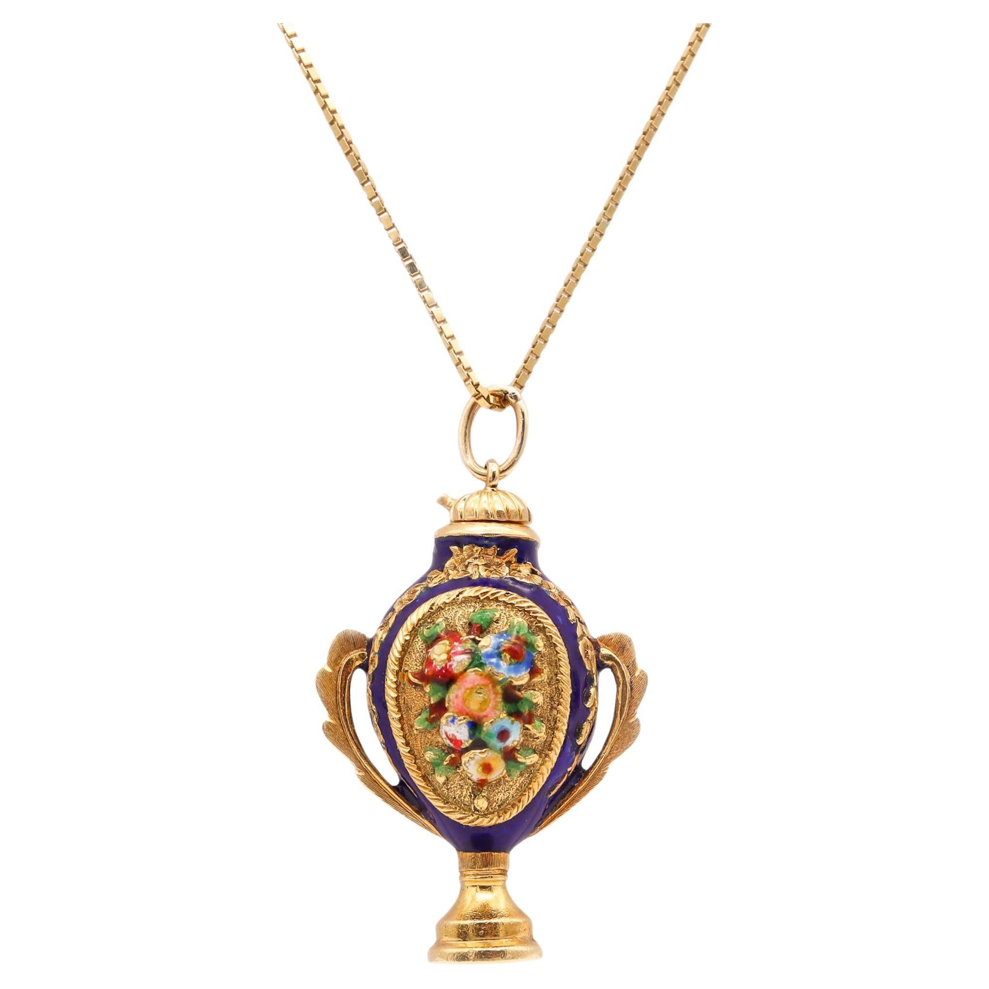 Italian 1960 Venetian Enameled Pendant Amphora Bottle for Perfume in 18kt Gold For Sale