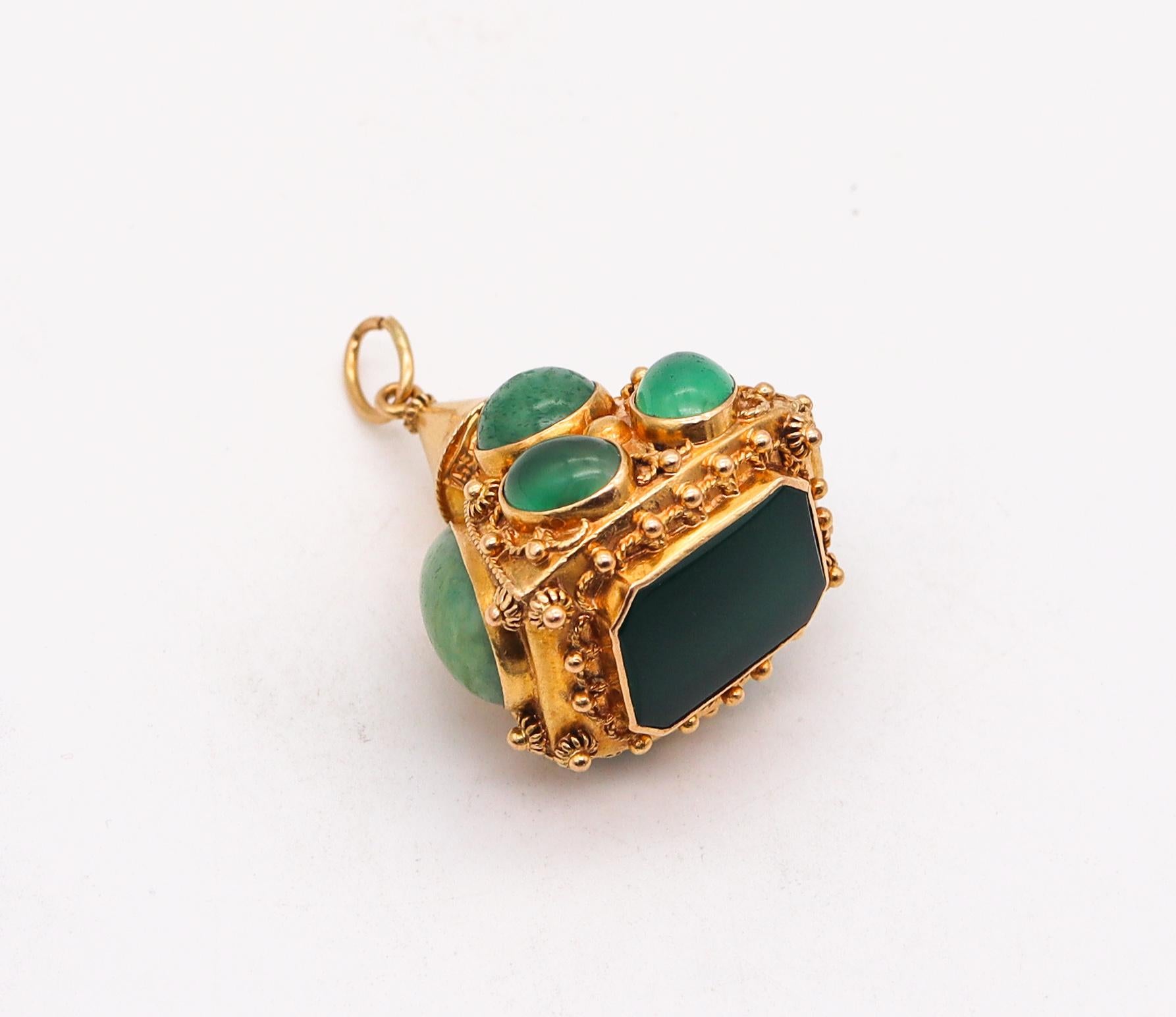 Mixed Cut Italian 1960 Vintage Etruscan Revival Gem Set Charm in Solid 18kt Yellow Gold