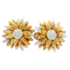 Italian 1960s 18K Gold and Platinum Sunflower Diamond Ear Clips Italian 1960s 18K Gold and Platinum Sunflower Diamond Ear Clips
