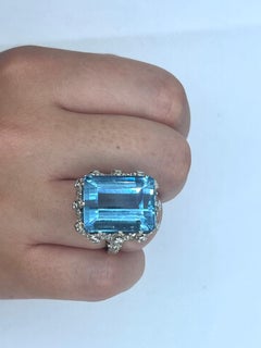 Italian 1960s 20.00ct+ Brazilian Santa Maria Aquamarine Diamond Ring in 18k Whit