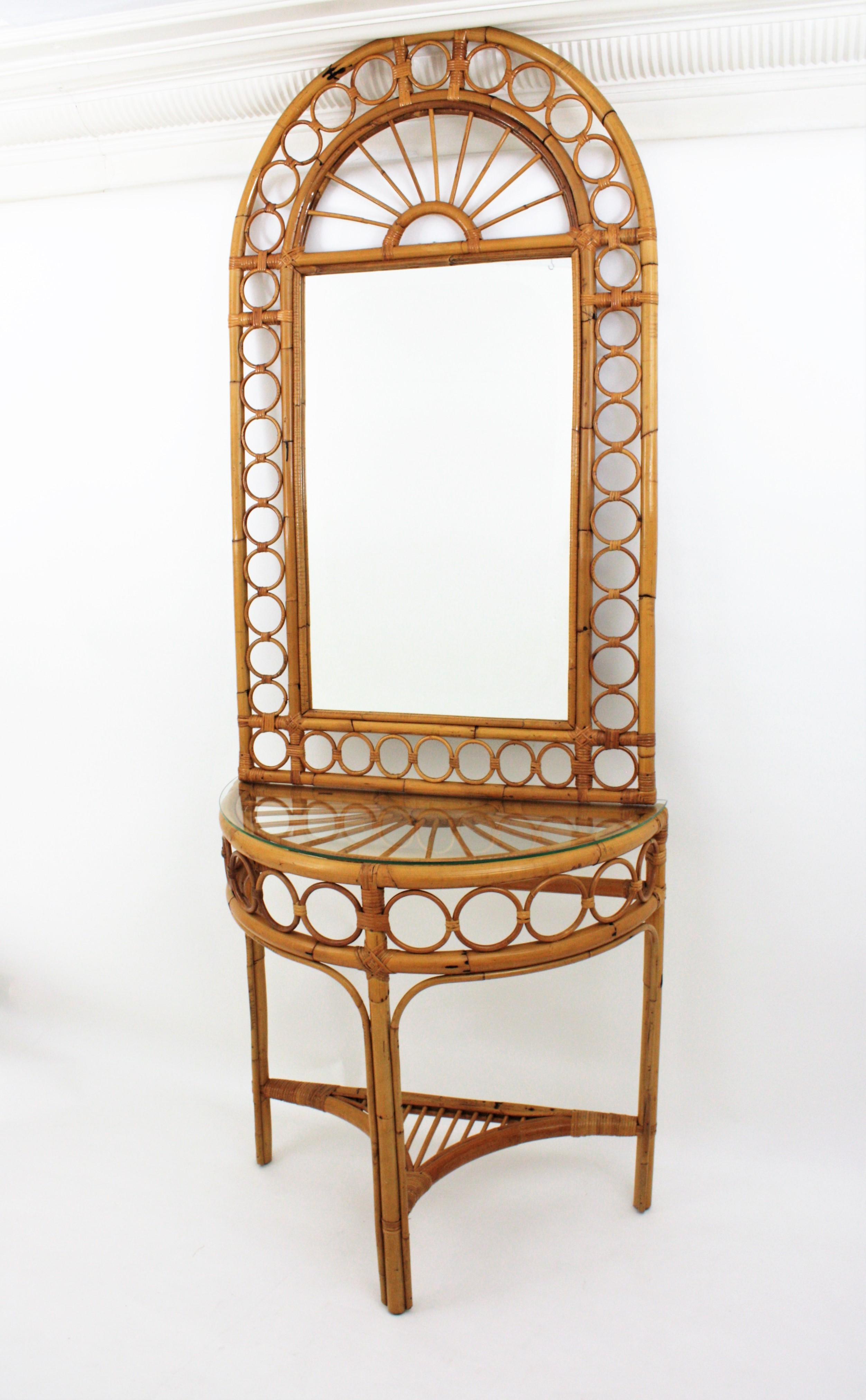 Italian Modernist Bamboo and Rattan Arched Console, 1960s In Good Condition In Barcelona, ES
