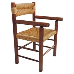 Vintage Italian 1960s Armchair in Straw and Wood in the Style of Charlotte Perriand