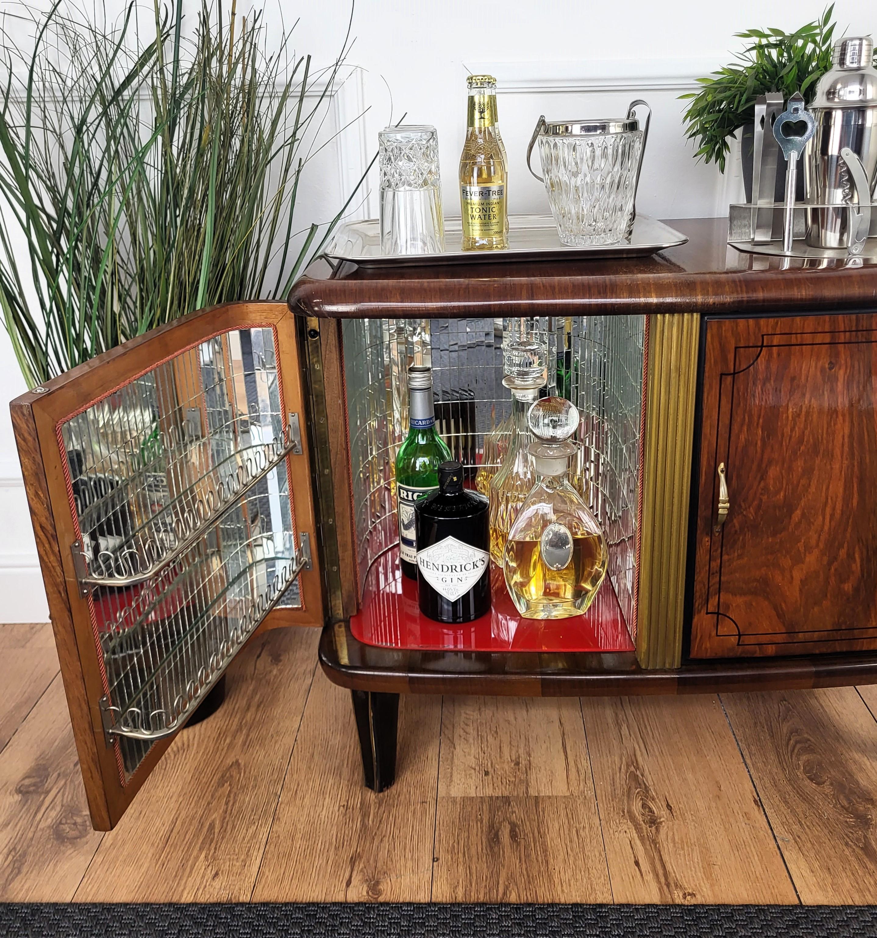 20th Century Italian 1960s Art Deco Mid-Century Burr Walnut and Mirror Mosaic Dry Bar Cabinet
