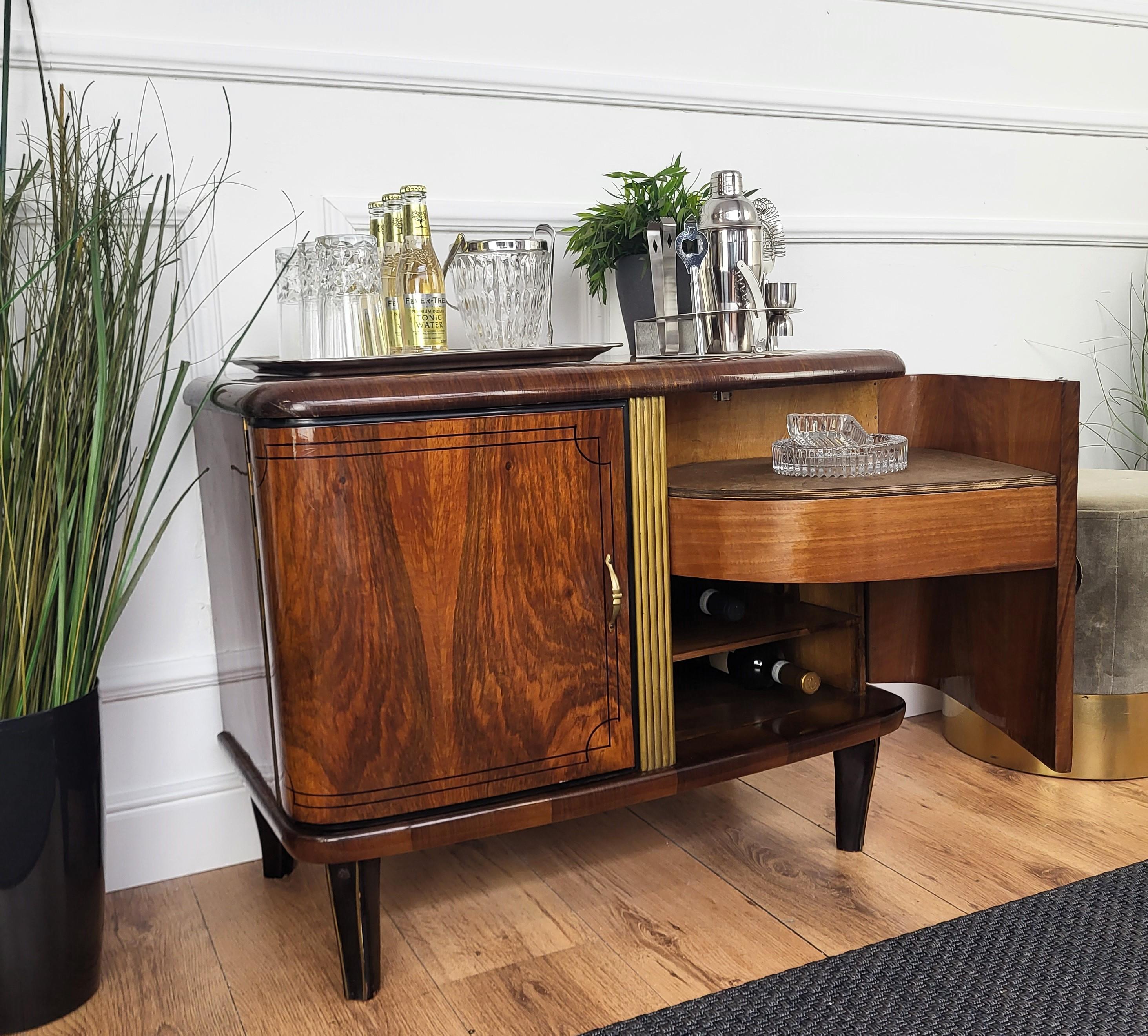 Brass Italian 1960s Art Deco Mid-Century Burr Walnut and Mirror Mosaic Dry Bar Cabinet