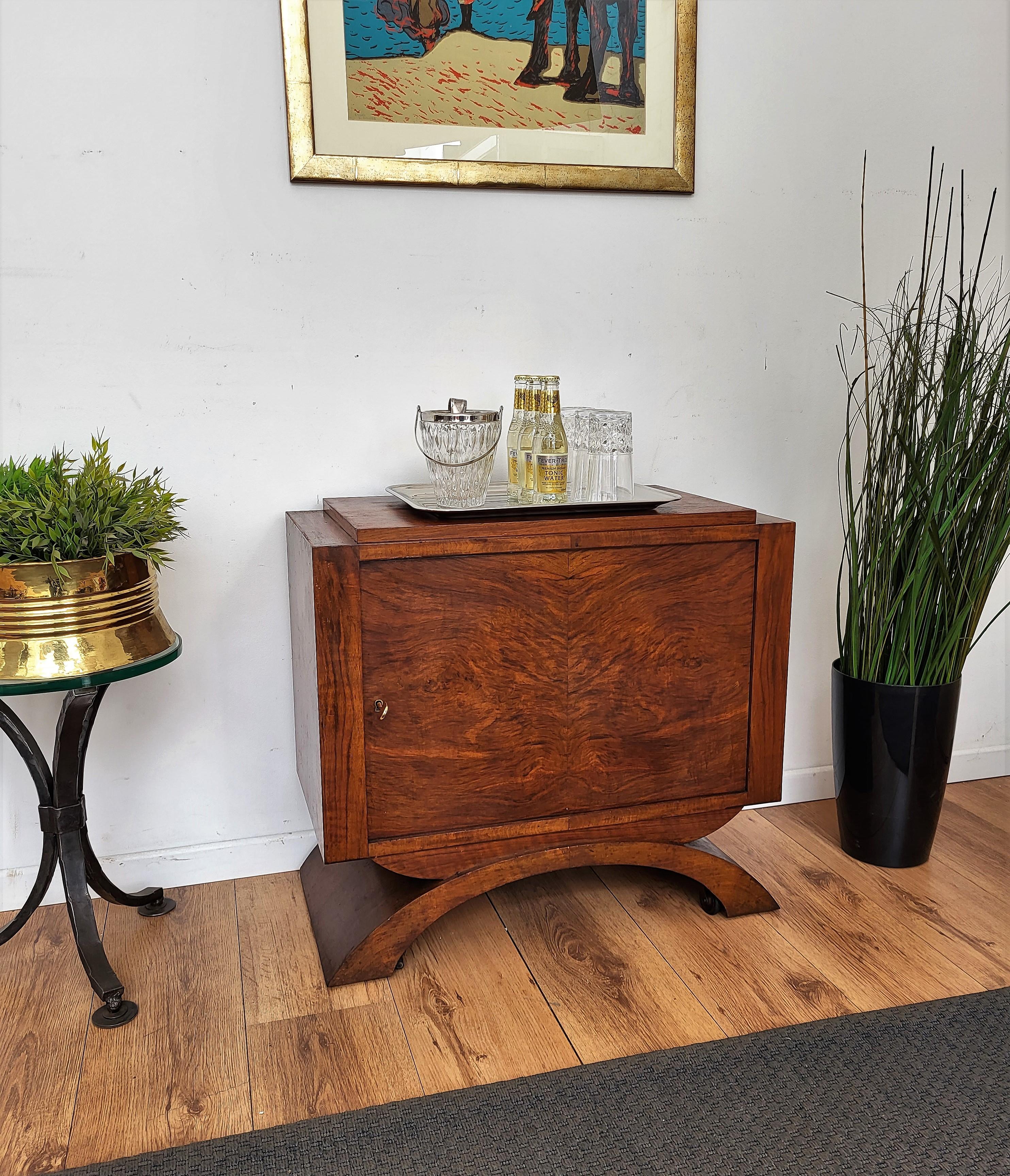 Brass Italian 1960s Art Deco Mid-Century Walnut Burl Turning Door Dry Bar Cabinet