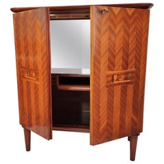 Italian 1960s Art Deco Midcentury Walnut Veneer and Mirror Dry Bar Cabinet
