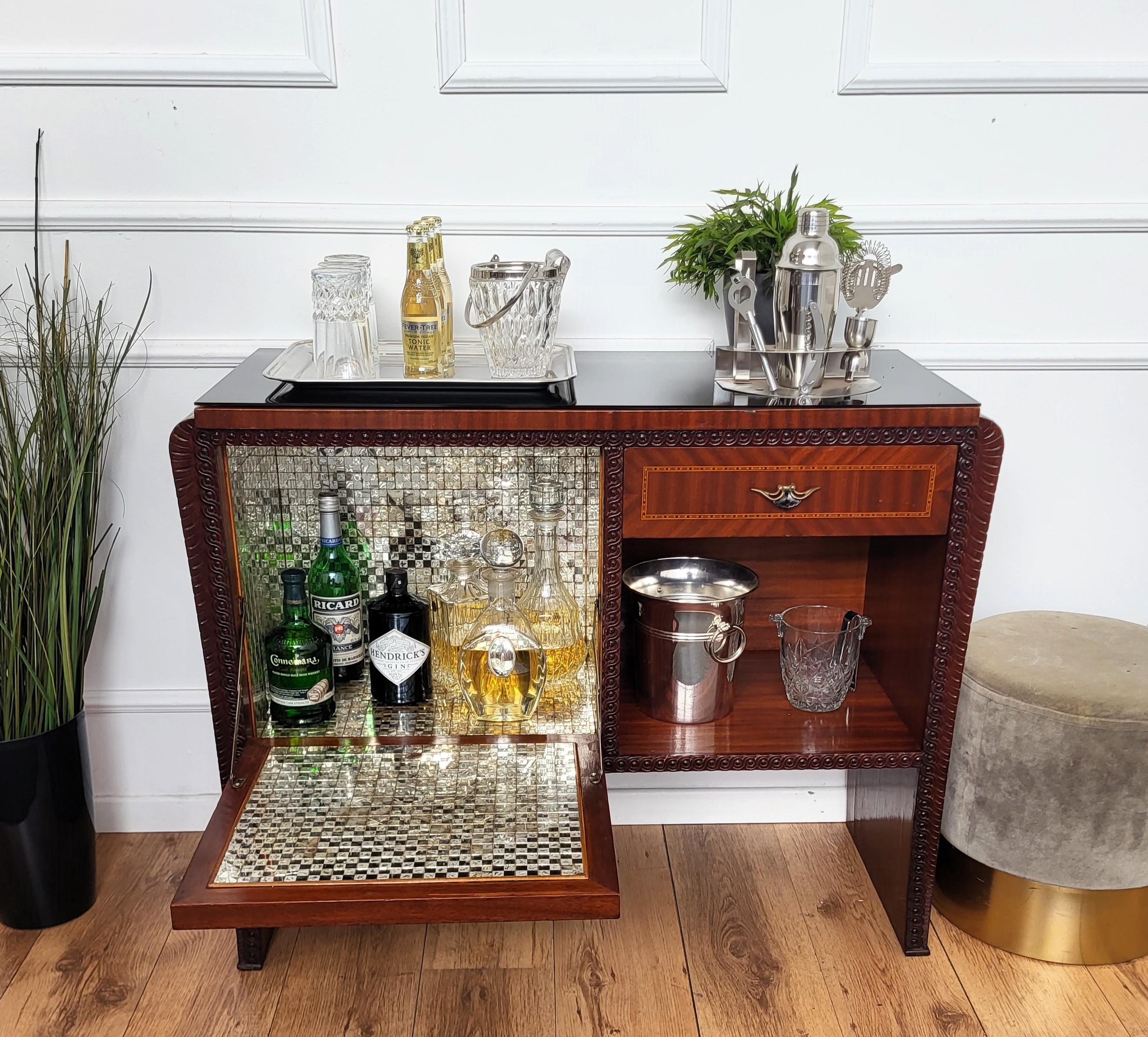 Art déco Italian 1960s Art Deco Midcentury Waterfall Wood Mirror Mosaic Dry Bar Cabinet en vente