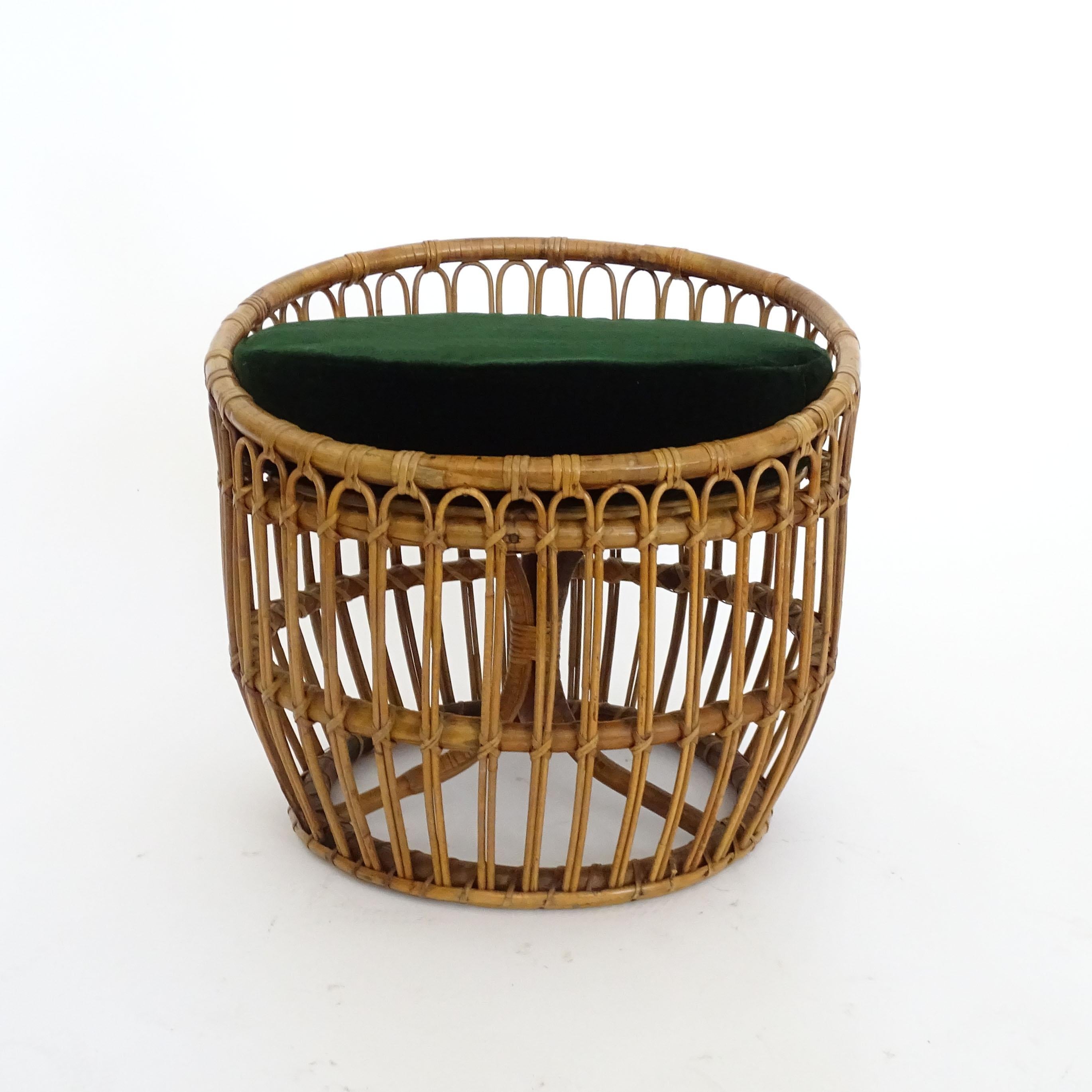 Splendid Italian 1960s Bamboo and Wicker Stool with a Green Cotton Velvet Cushion.