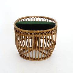 Italian 1960s Bamboo and Wicker Stool with a Green Velvet Cushion