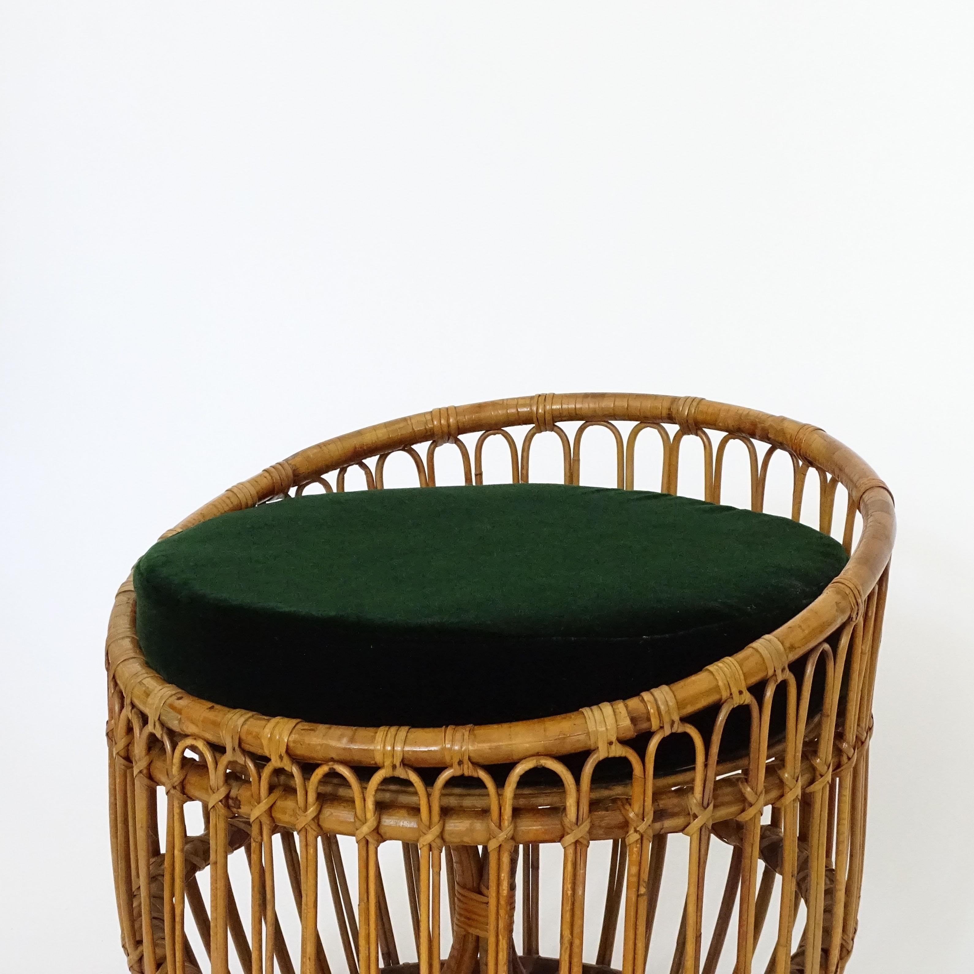 Mid-Century Modern Italian 1960s Bamboo and Wicker Stool with a Green Velvet Cushion For Sale