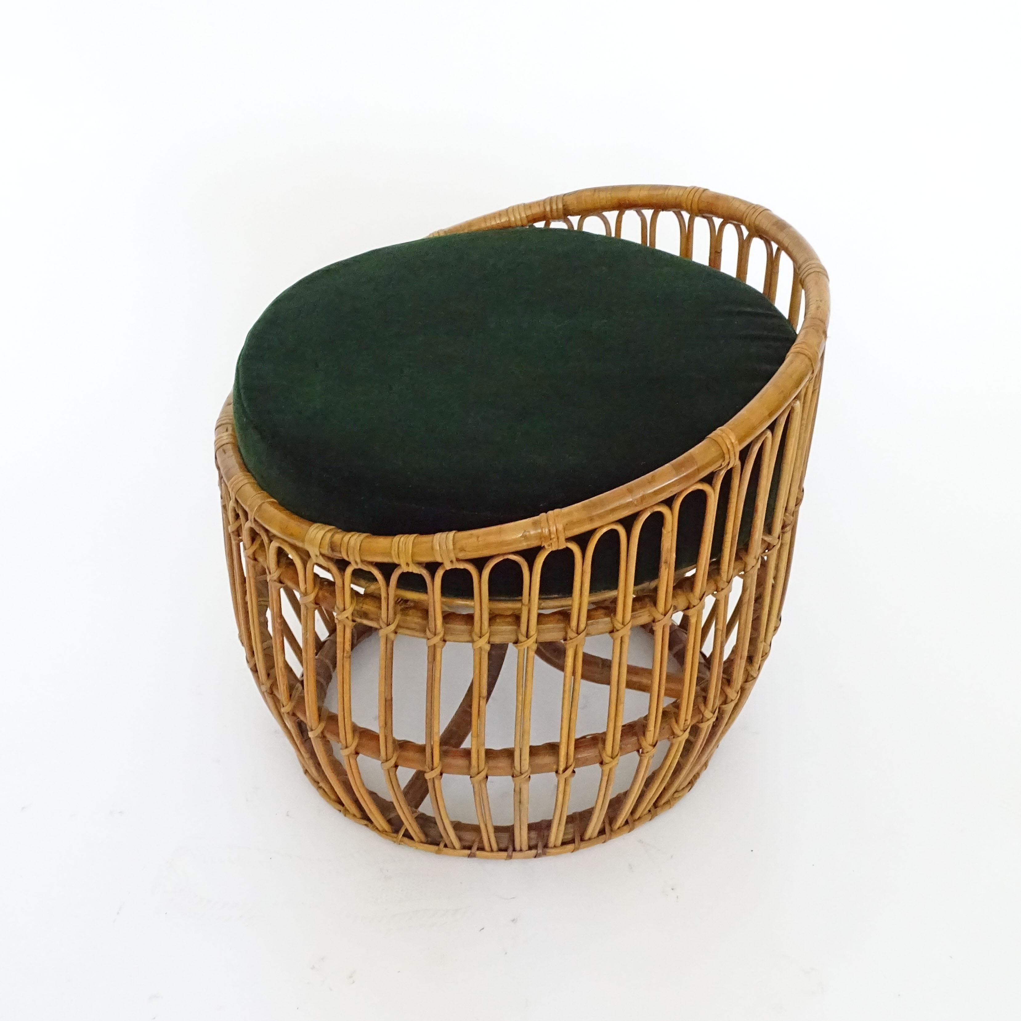 Mid-20th Century Italian 1960s Bamboo and Wicker Stool with a Green Velvet Cushion For Sale