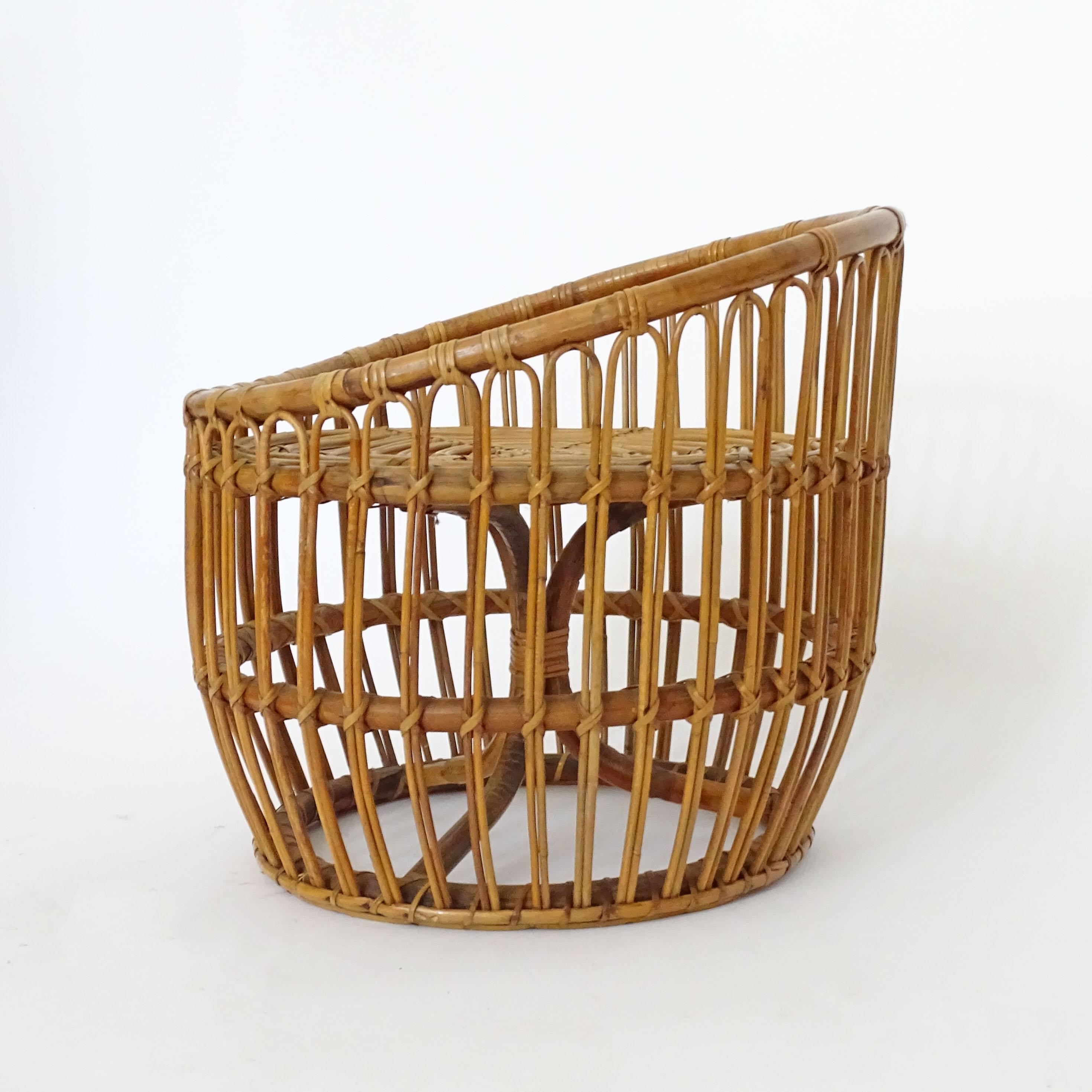 Italian 1960s Bamboo and Wicker Stool with a Green Velvet Cushion For Sale 1