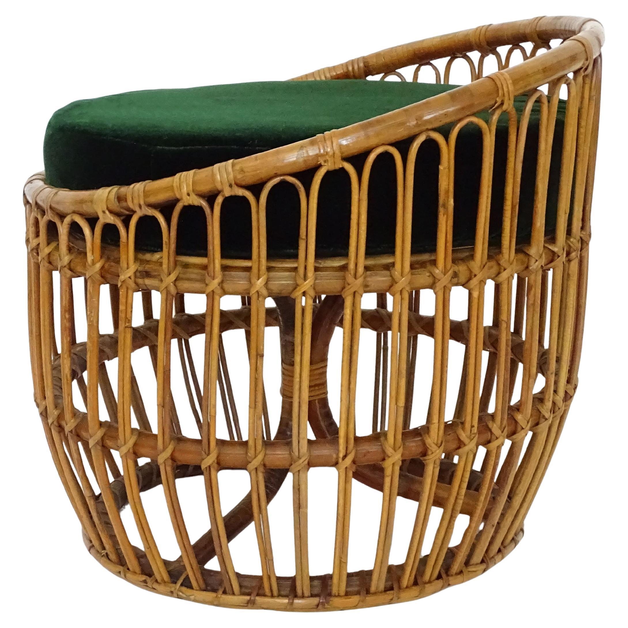 Italian 1960s Bamboo and Wicker Stool with a Green Velvet Cushion