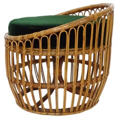 Italian 1960s Bamboo and Wicker Stool with a Green Velvet Cushion