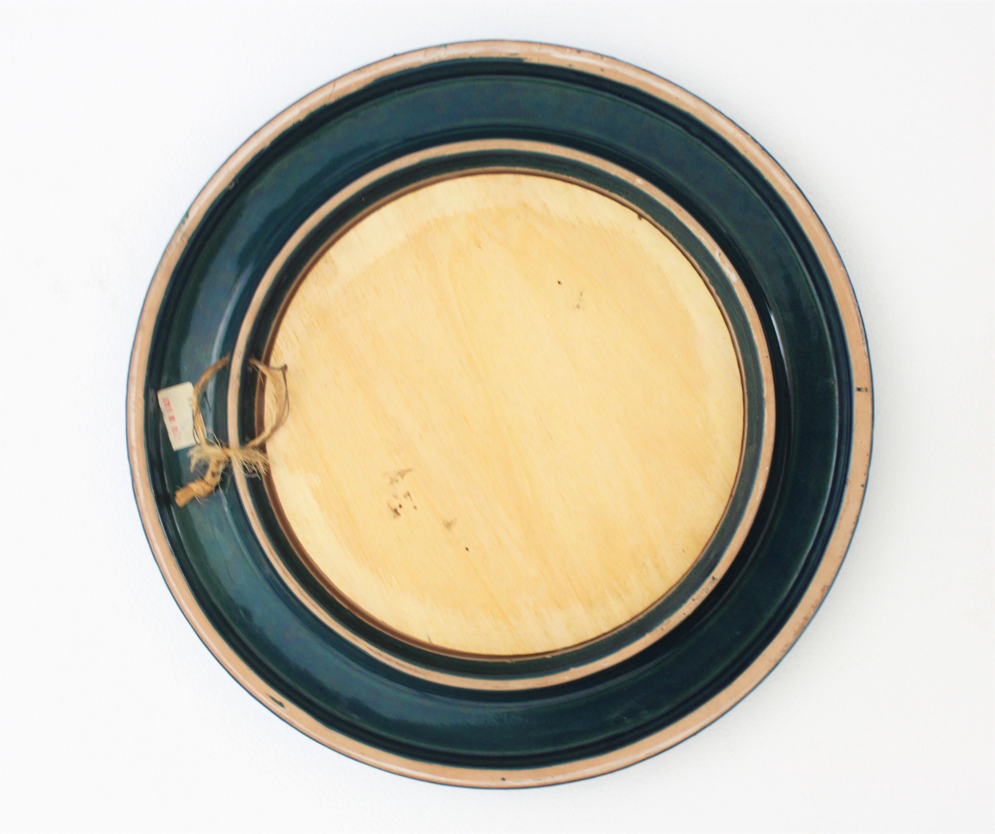 Italian Midcentury Aldo Londi Bitossi Rimini Blue Glazed Ceramic Round Mirror 5
